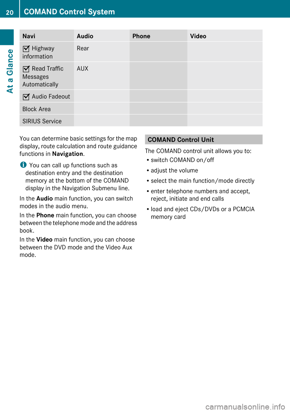 MERCEDES-BENZ E-Class COUPE 2010 C212 Comand Manual NaviAudioPhoneVideoÇ Highway
informationRearÇ  Read Traffic
Messages
AutomaticallyAUXÇ  Audio FadeoutBlock AreaSIRIUS ServiceYou can determine basic settings for the map
display, route calculation 