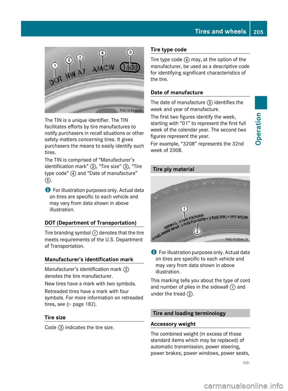 MERCEDES-BENZ CLS550 2010 W219 Owners Manual The TIN is a unique identifier. The TIN
facilitates efforts by tire manufactures to
notify purchasers in recall situations or other
safety matters concerning tires. It gives
purchasers the means to ea