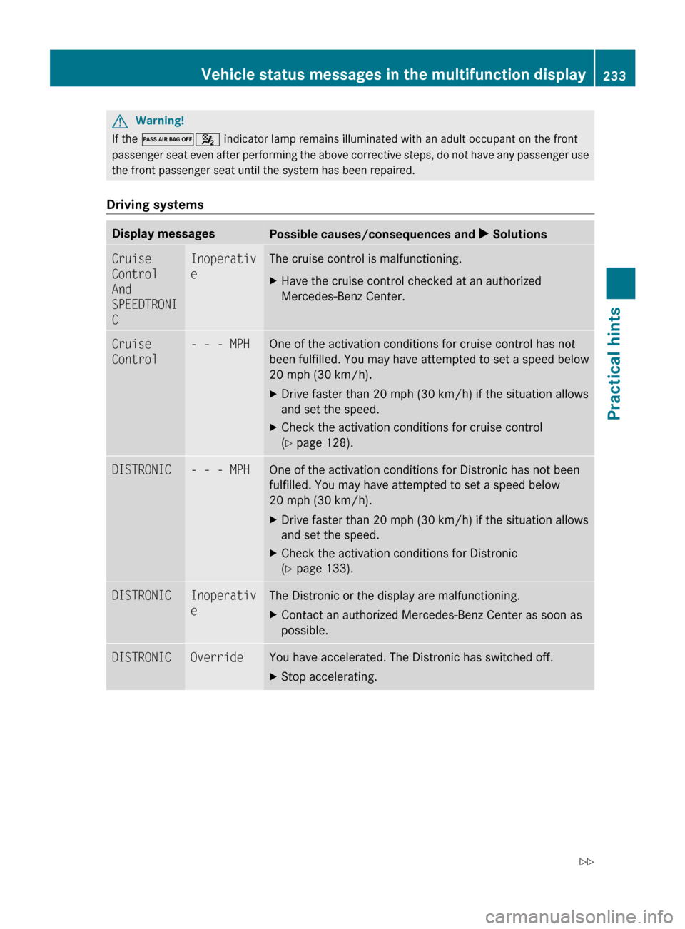 MERCEDES-BENZ CLS550 2010 W219 Owners Manual G
Warning!
If the  04 indicator lamp remains illuminated with an adult occupant on the front
passenger  seat even after performing the above corrective steps, do not have any passenger use
the front p