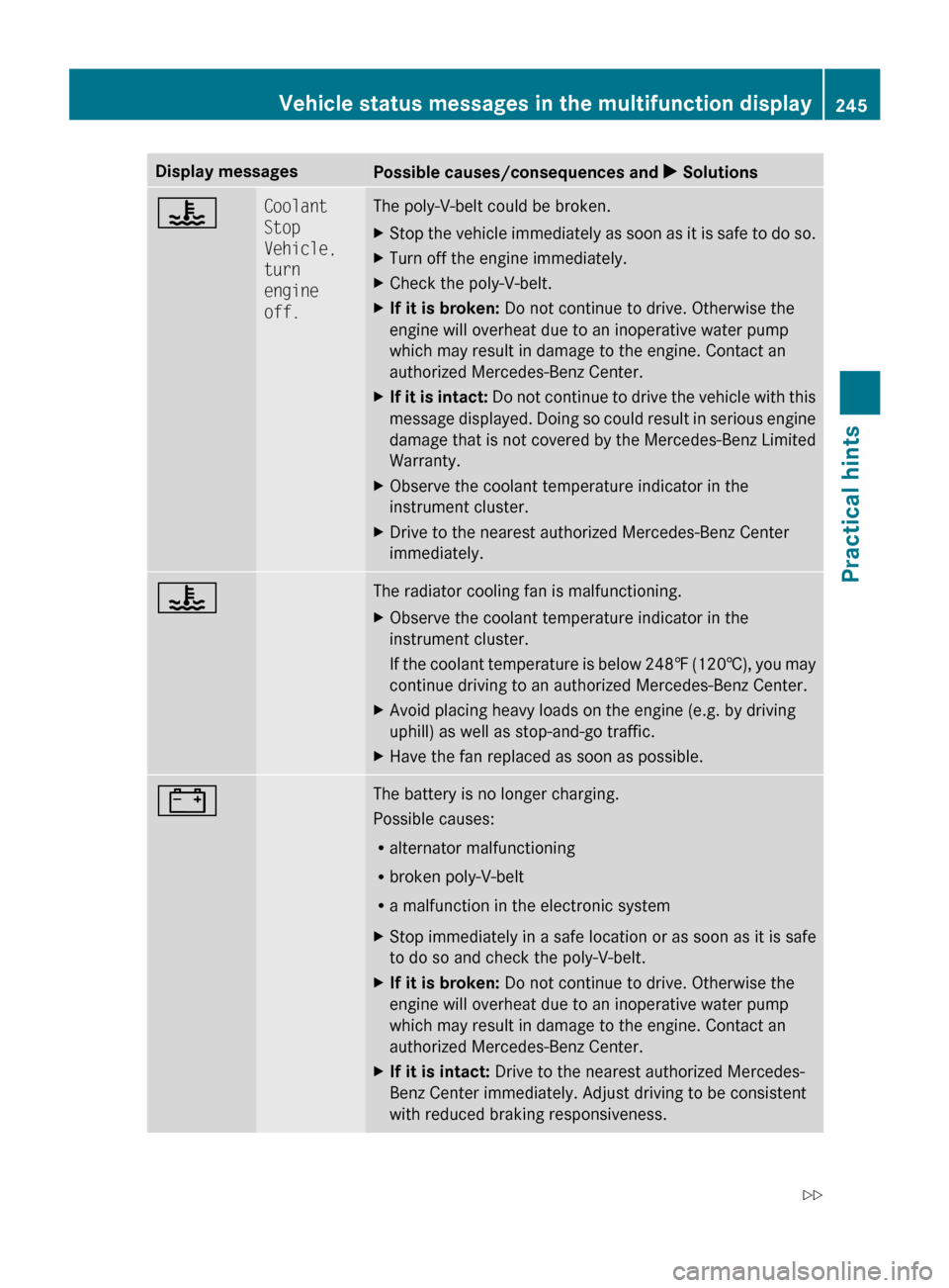 MERCEDES-BENZ CLS550 2010 W219 Owners Manual Display messages
Possible causes/consequences and 
X Solutions? Coolant 
Stop 
Vehicle, 
turn 
engine 
off. The poly-V-belt could be broken.
X
Stop the vehicle immediately as soon as it is safe to do 