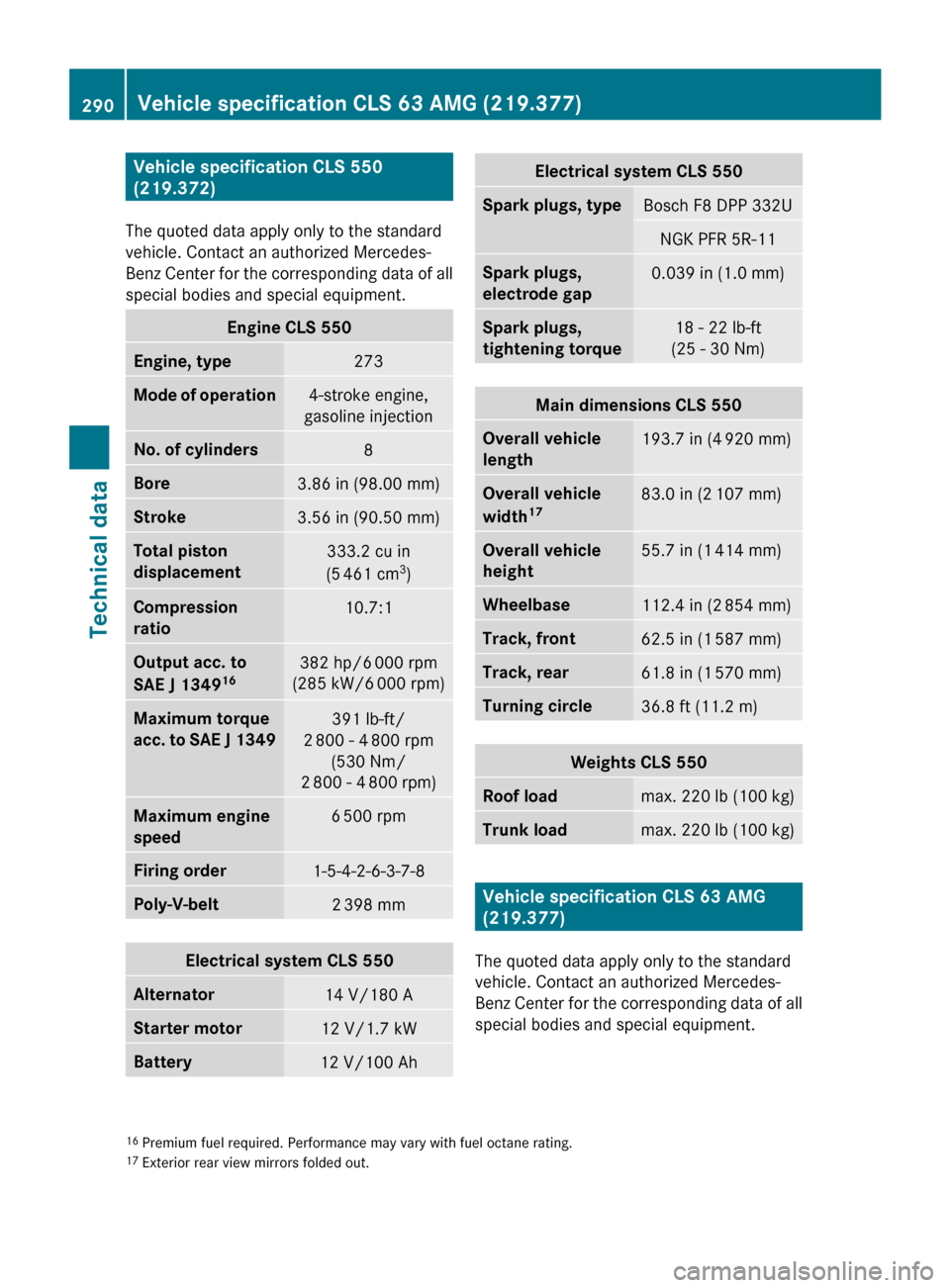 MERCEDES-BENZ CLS63AMG 2010 W219 Owners Manual Vehicle specification CLS 550 
(219.372)
The quoted data apply only to the standard
vehicle. Contact an authorized Mercedes-
Benz 
Center for the corresponding data of all
special bodies and special e