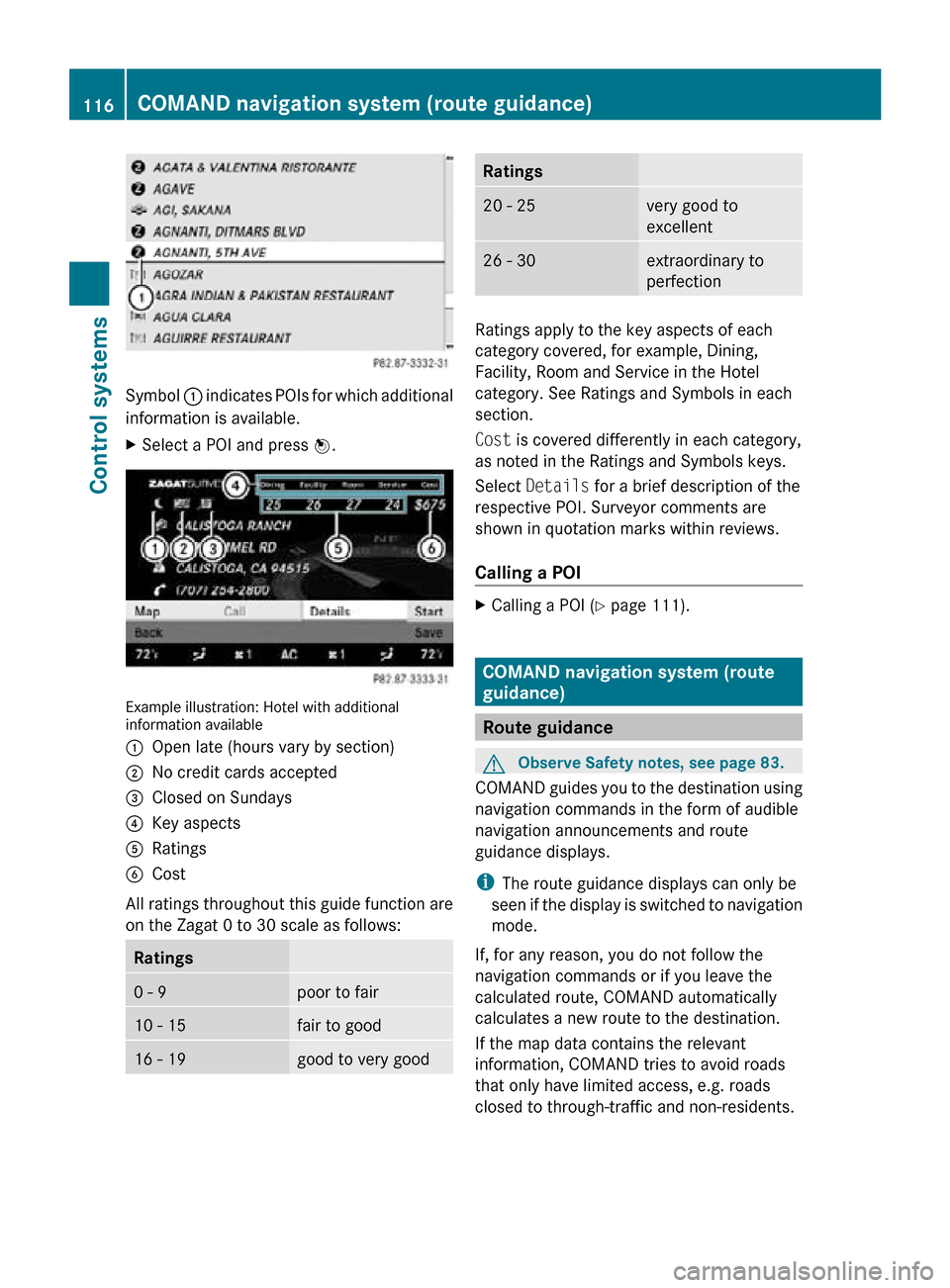MERCEDES-BENZ CL550 2010 W216 Owners Manual Symbol 
: indicates POIs for which additional
information is available.
X Select a POI and press W. Example illustration: Hotel with additional
information available
:
Open late (hours vary by section
