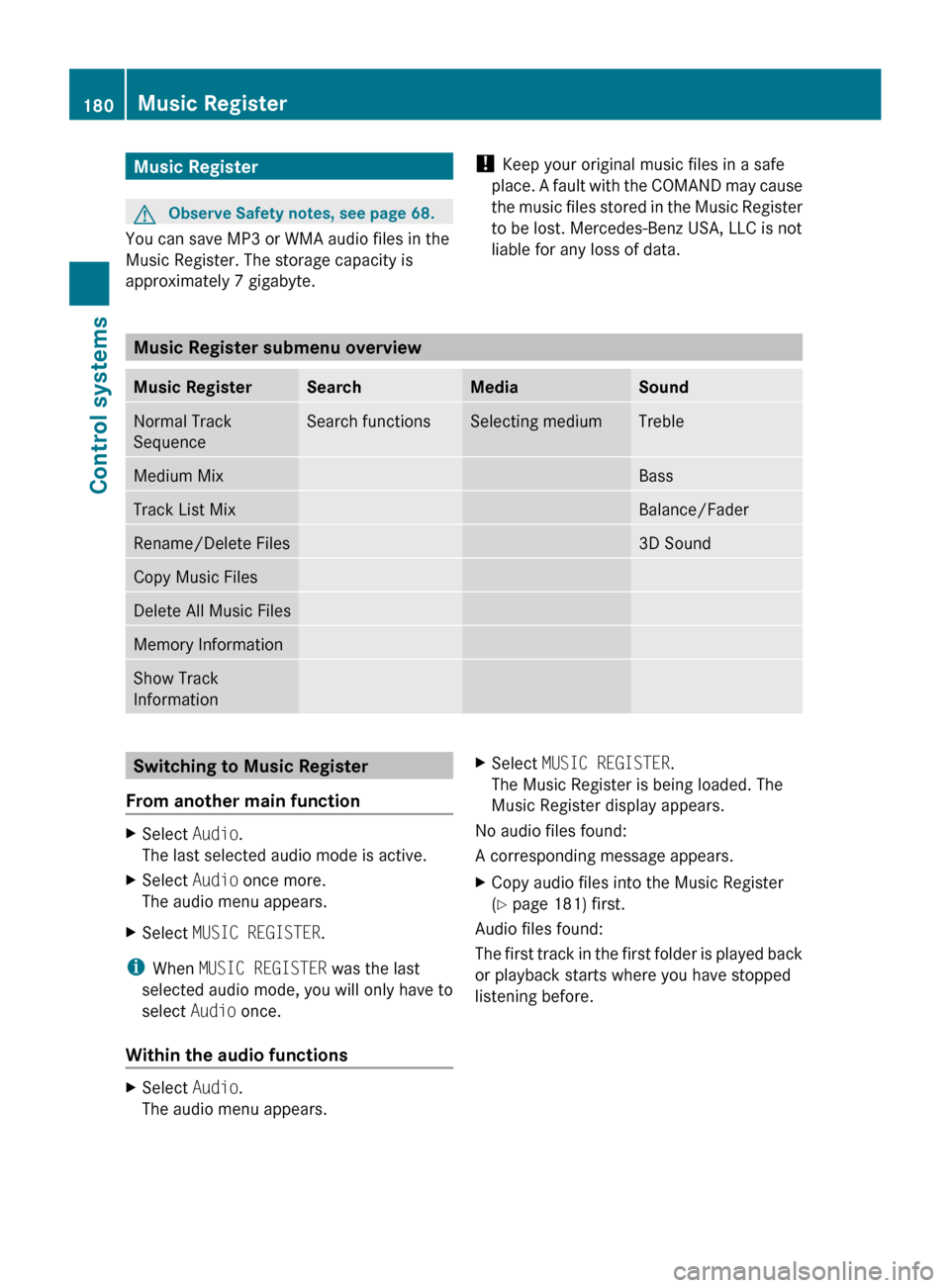 MERCEDES-BENZ CL550 2010 W216 Owners Manual Music Register
G
Observe Safety notes, see page 68.
You can save MP3 or WMA audio files in the
Music Register. The storage capacity is
approximately 7 gigabyte. !
Keep your original music files in a MERCEDES-BENZ CL550 2010 W216 Owners Manual Music Register
G
Observe Safety notes, see page 68.
You can save MP3 or WMA audio files in the
Music Register. The storage capacity is
approximately 7 gigabyte. !
Keep your original music files in a