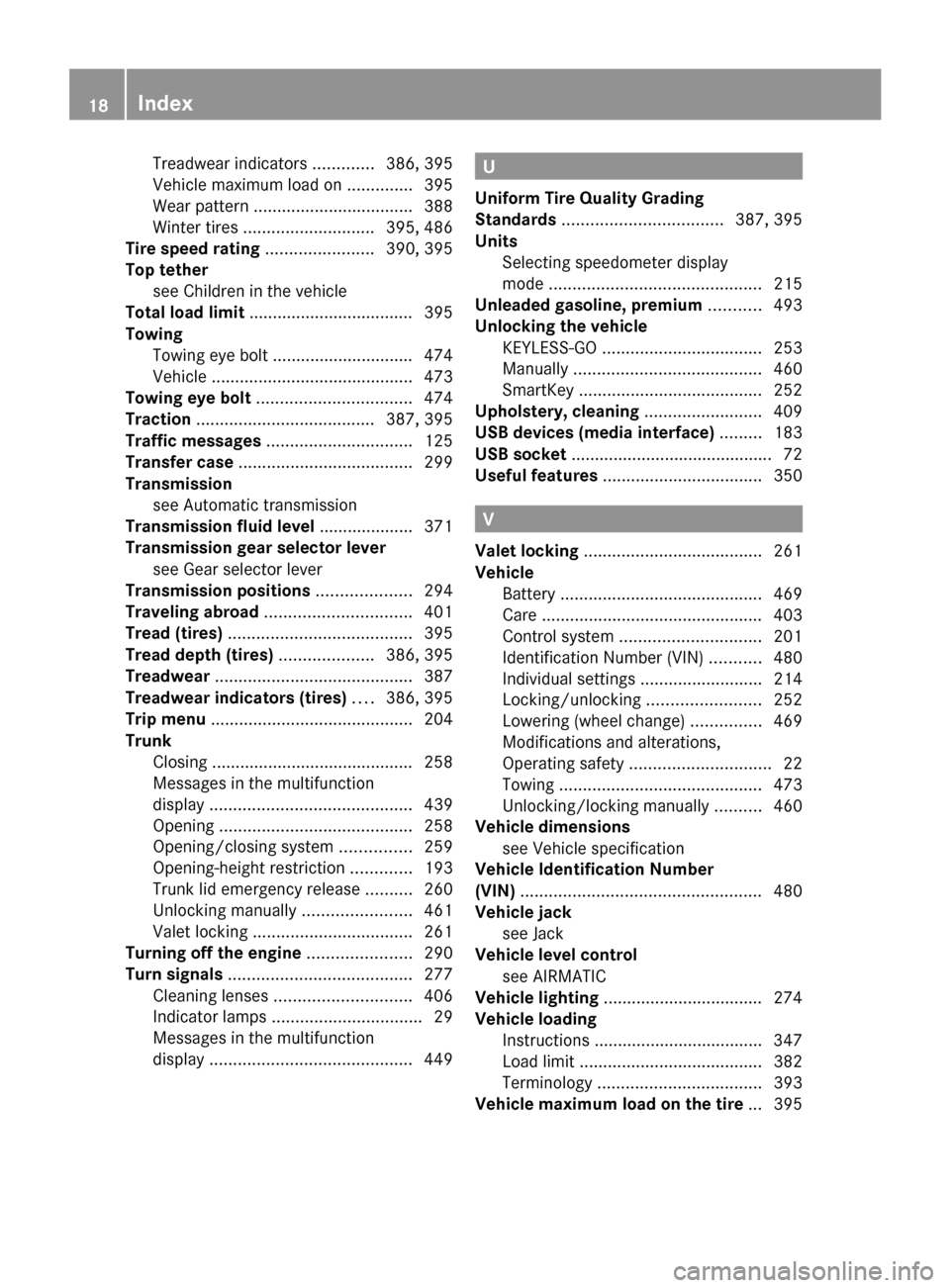 MERCEDES-BENZ CL550 2010 W216 Owners Manual Treadwear indicators .............
386, 395
Vehicle maximum load on  .............. 395
Wear pattern 
.................................. 388
Winter tires  ............................ 395, 486
Tire sp