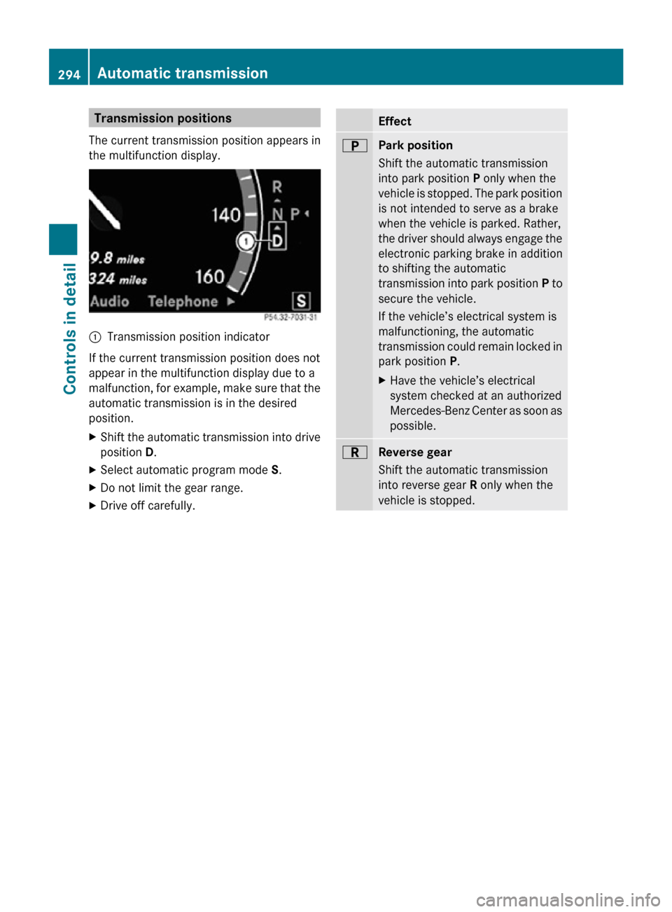 MERCEDES-BENZ CL550 2010 W216 Owners Manual Transmission positions
The current transmission position appears in
the multifunction display. :
Transmission position indicator
If the current transmission position does not
appear in the multifunc MERCEDES-BENZ CL550 2010 W216 Owners Manual Transmission positions
The current transmission position appears in
the multifunction display. :
Transmission position indicator
If the current transmission position does not
appear in the multifunc