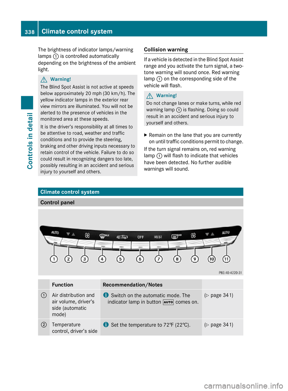MERCEDES-BENZ CL550 2010 W216 Owners Manual The brightness of indicator lamps/warning
lamps
: is controlled automatically
depending on the brightness of the ambient
light. G
Warning!
The Blind Spot Assist is not active at speeds
below approxim MERCEDES-BENZ CL550 2010 W216 Owners Manual The brightness of indicator lamps/warning
lamps
: is controlled automatically
depending on the brightness of the ambient
light. G
Warning!
The Blind Spot Assist is not active at speeds
below approxim