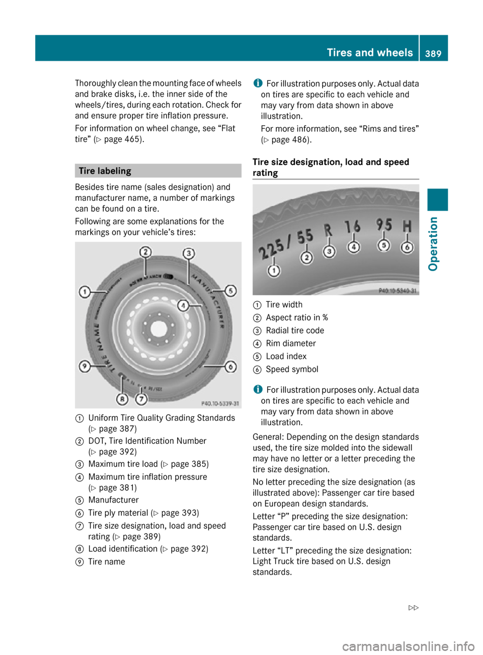 MERCEDES-BENZ CL550 2010 W216 Owners Manual Thoroughly clean the mounting face of wheels
and brake disks, i.e. the inner side of the
wheels/tires, during each rotation. Check for
and ensure proper tire inflation pressure.
For information on whe MERCEDES-BENZ CL550 2010 W216 Owners Manual Thoroughly clean the mounting face of wheels
and brake disks, i.e. the inner side of the
wheels/tires, during each rotation. Check for
and ensure proper tire inflation pressure.
For information on whe