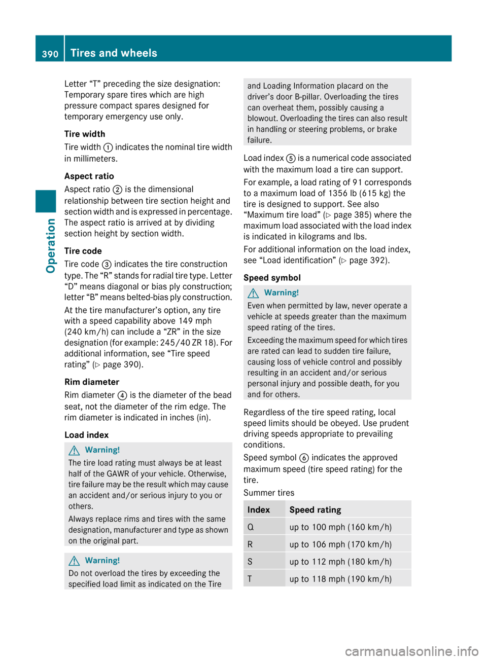 MERCEDES-BENZ CL550 2010 W216 Owners Manual Letter “T” preceding the size designation:
Temporary spare tires which are high
pressure compact spares designed for
temporary emergency use only.
Tire width
Tire
width :
indicates the nominal MERCEDES-BENZ CL550 2010 W216 Owners Manual Letter “T” preceding the size designation:
Temporary spare tires which are high
pressure compact spares designed for
temporary emergency use only.
Tire width
Tire
width :
indicates the nominal