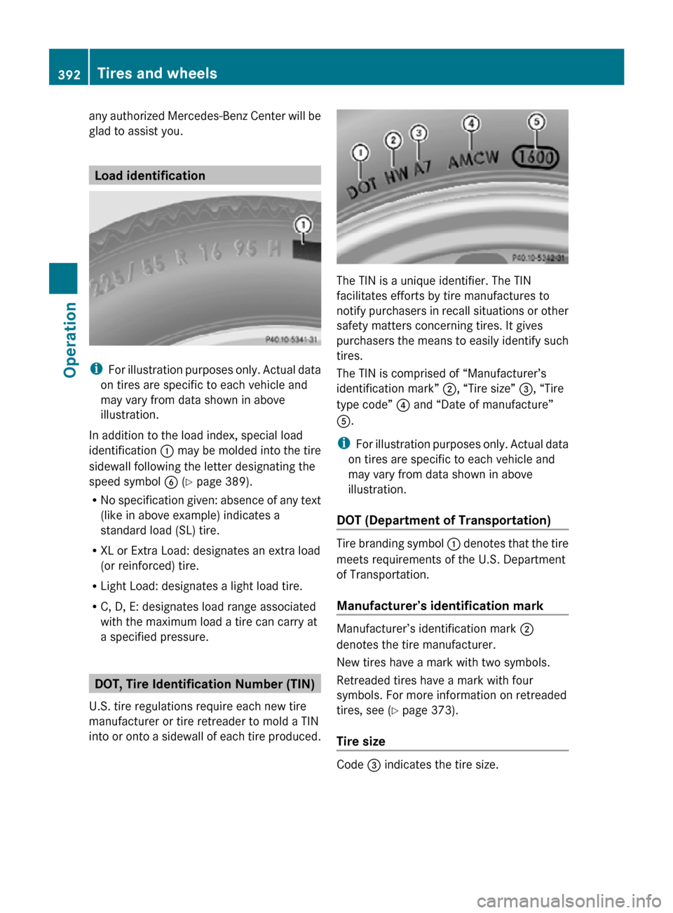 MERCEDES-BENZ CL550 2010 W216 Owners Manual any authorized Mercedes-Benz Center will be
glad to assist you.
Load identification
i
For illustration purposes only. Actual data
on tires are specific to each vehicle and
may vary from data shown in MERCEDES-BENZ CL550 2010 W216 Owners Manual any authorized Mercedes-Benz Center will be
glad to assist you.
Load identification
i
For illustration purposes only. Actual data
on tires are specific to each vehicle and
may vary from data shown in