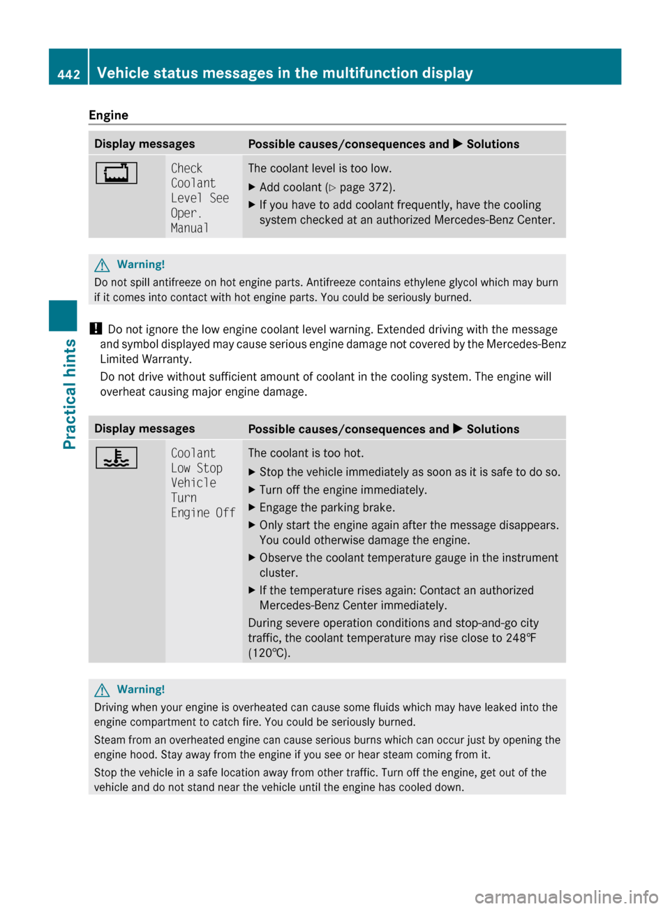 MERCEDES-BENZ CL550 2010 W216 Owners Manual Engine
Display messages
Possible causes/consequences and 
X Solutions+ Check 
Coolant 
Level See 
Oper. 
Manual The coolant level is too low.
X
Add coolant (Y page 372).
X If you have to add coolant f
