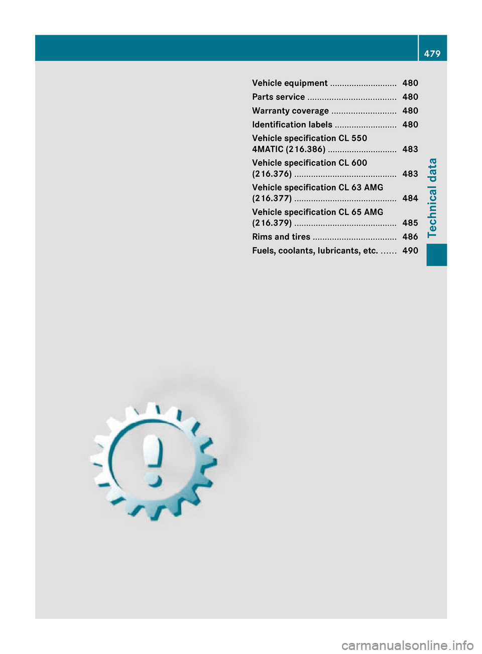 MERCEDES-BENZ CL550 2010 W216 Owners Manual Vehicle equipment ............................
480
Parts service ..................................... 480
Warranty coverage  ...........................480
Identification labels  ....................