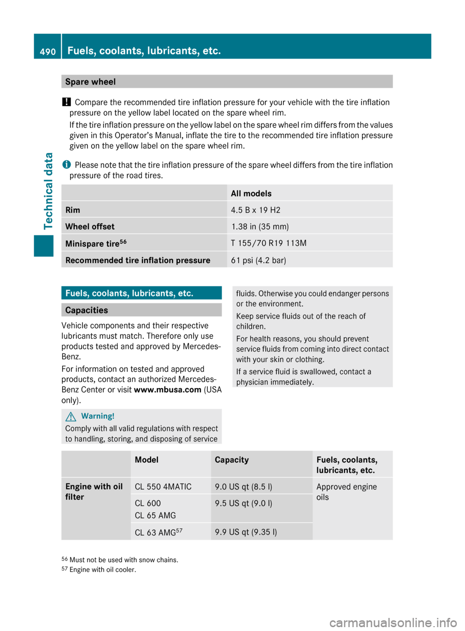 MERCEDES-BENZ CL550 2010 W216 Owners Guide Spare wheel
!  Compare the recommended tire inflation pressure for your vehicle with the tire inflation
pressure on the yellow label located on the spare wheel rim.
If  the 
tire inflation pressure on