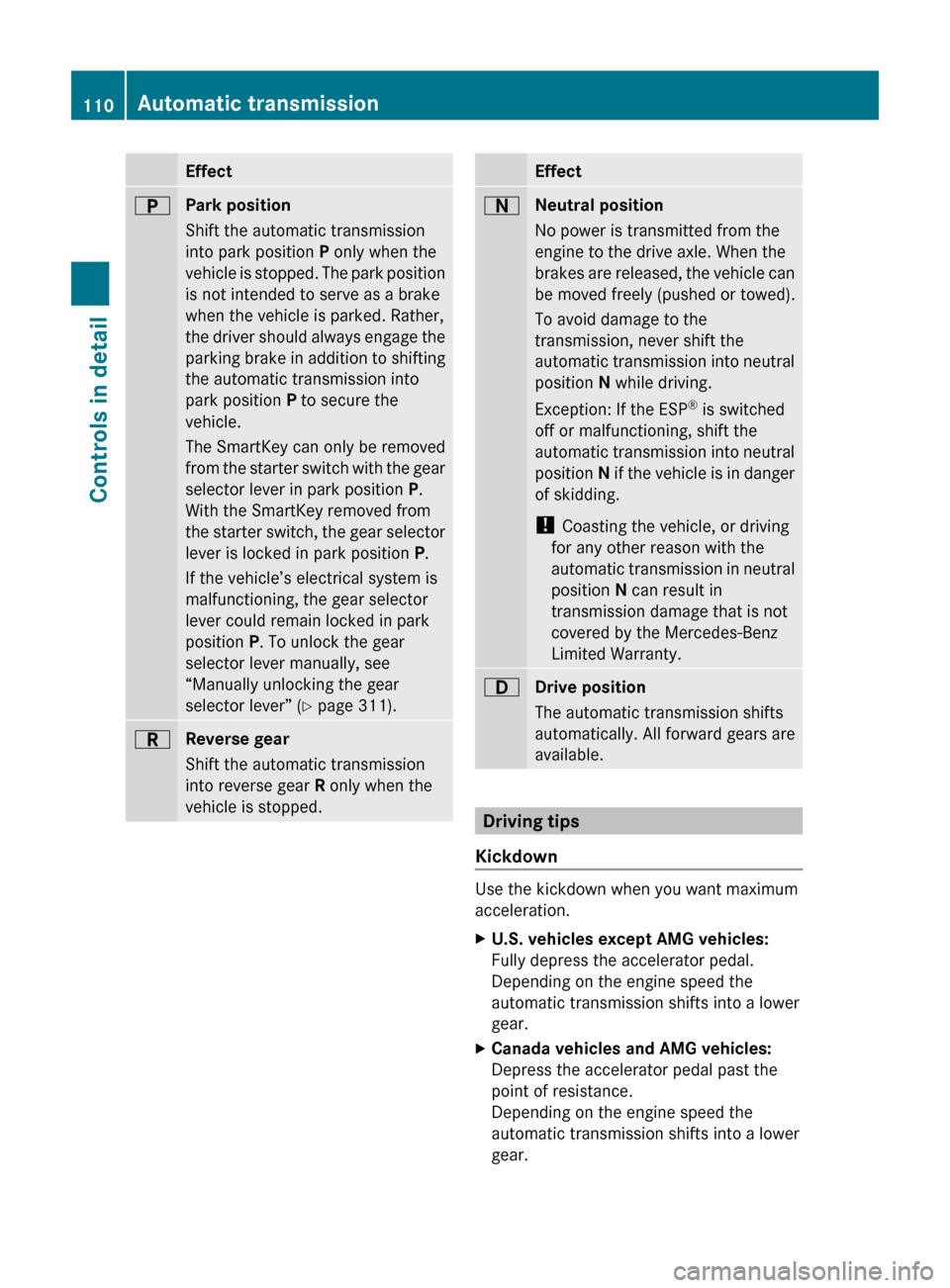 MERCEDES-BENZ C350S 2010 W204 Owners Manual EffectBPark position
Shift the automatic transmission
into park position P only when the
vehicle is stopped. The park position
is not intended to serve as a brake
when the vehicle is parked. Rather,
MERCEDES-BENZ C350S 2010 W204 Owners Manual EffectBPark position
Shift the automatic transmission
into park position P only when the
vehicle is stopped. The park position
is not intended to serve as a brake
when the vehicle is parked. Rather,
