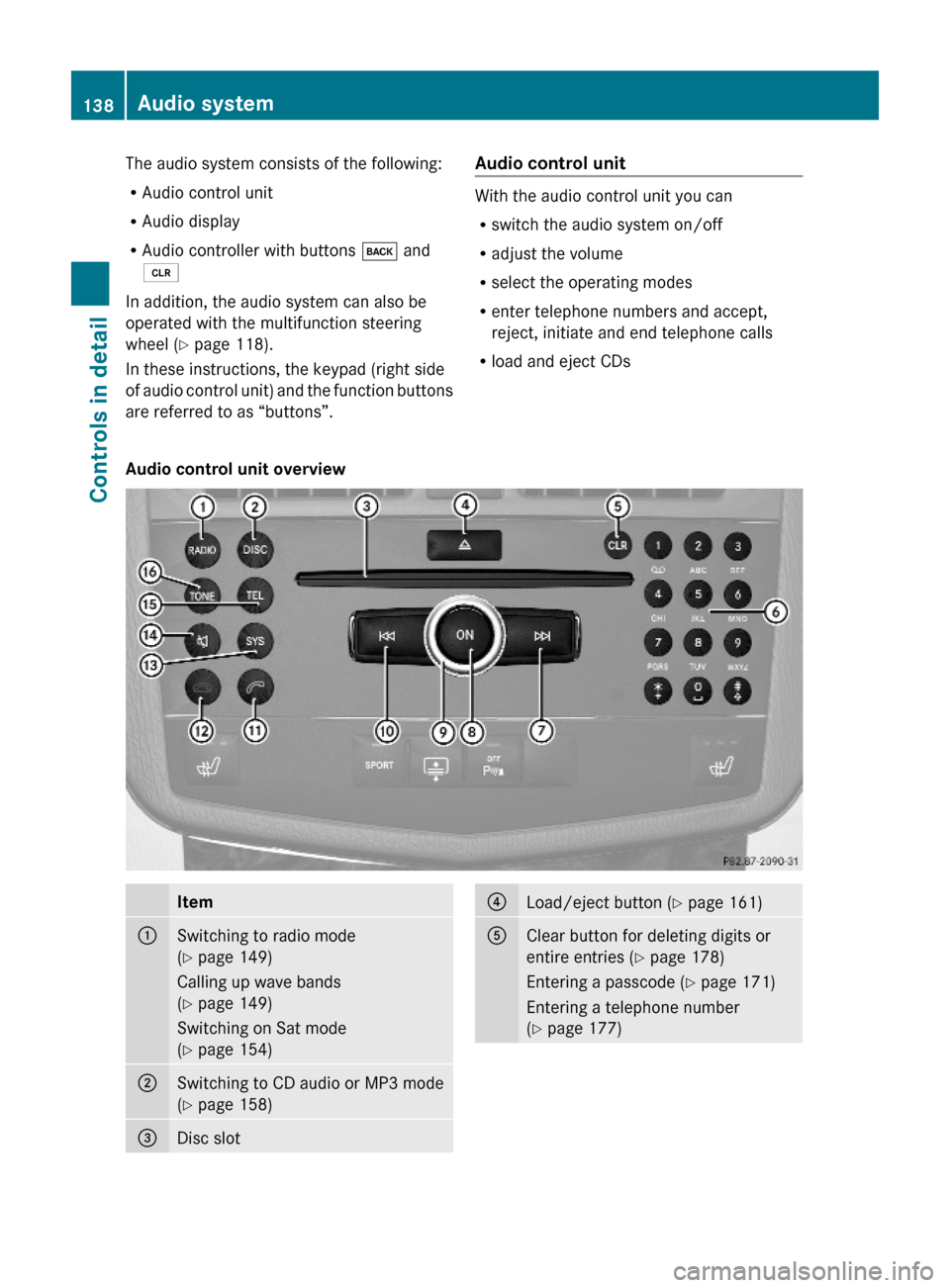 MERCEDES-BENZ C300 4MATIC 2010 W204 Owners Manual The audio system consists of the following:
RAudio control unit
RAudio display
RAudio controller with buttons k and
2
In addition, the audio system can also be
operated with the multifunction steering