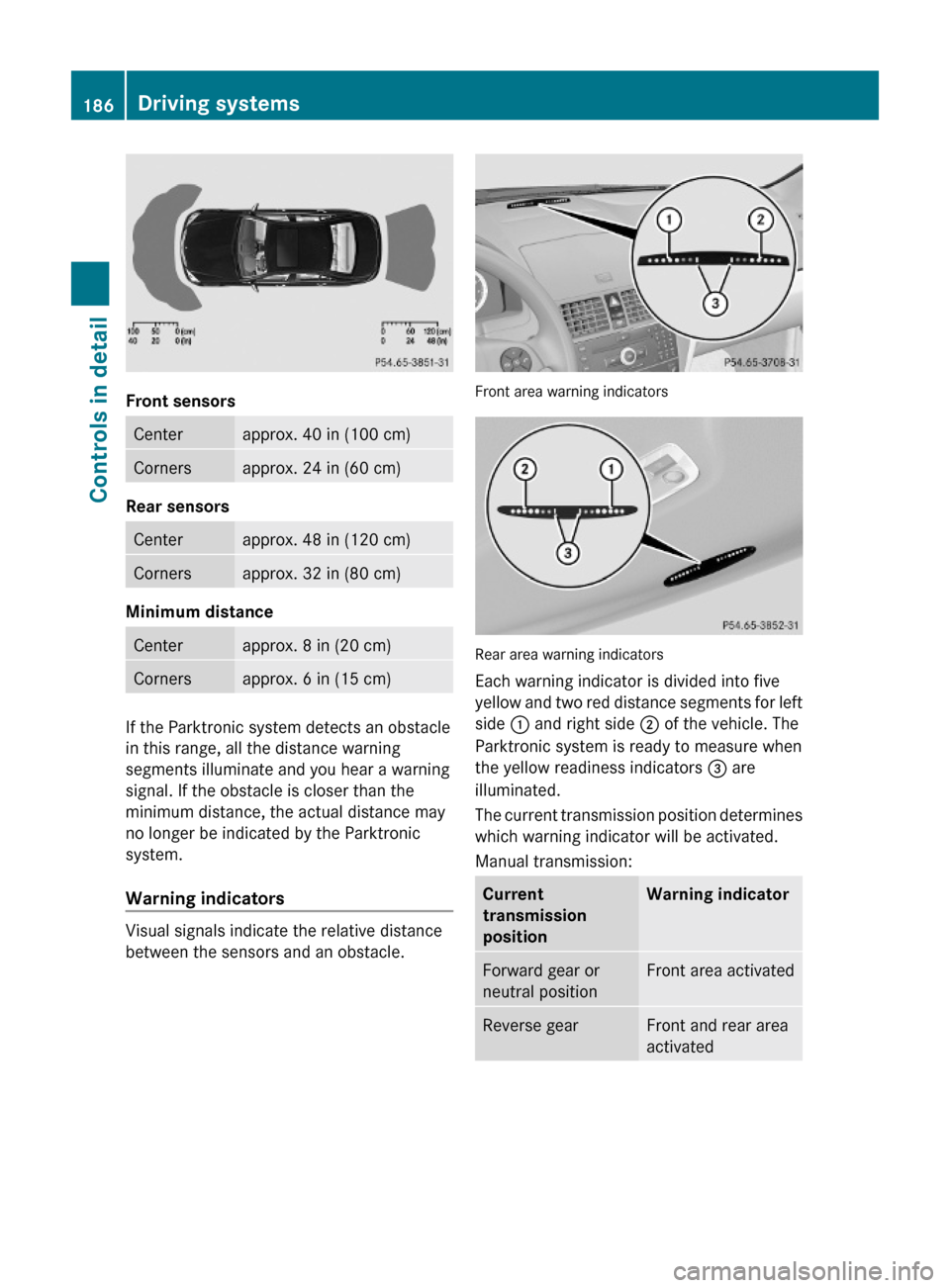 MERCEDES-BENZ C300 4MATIC 2010 W204 Owners Manual Front sensors
Centerapprox. 40 in (100 cm)Cornersapprox. 24 in (60 cm)
Rear sensors
Centerapprox. 48 in (120 cm)Cornersapprox. 32 in (80 cm)
Minimum distance 
Centerapprox. 8 in (20 cm)Cornersapprox. 