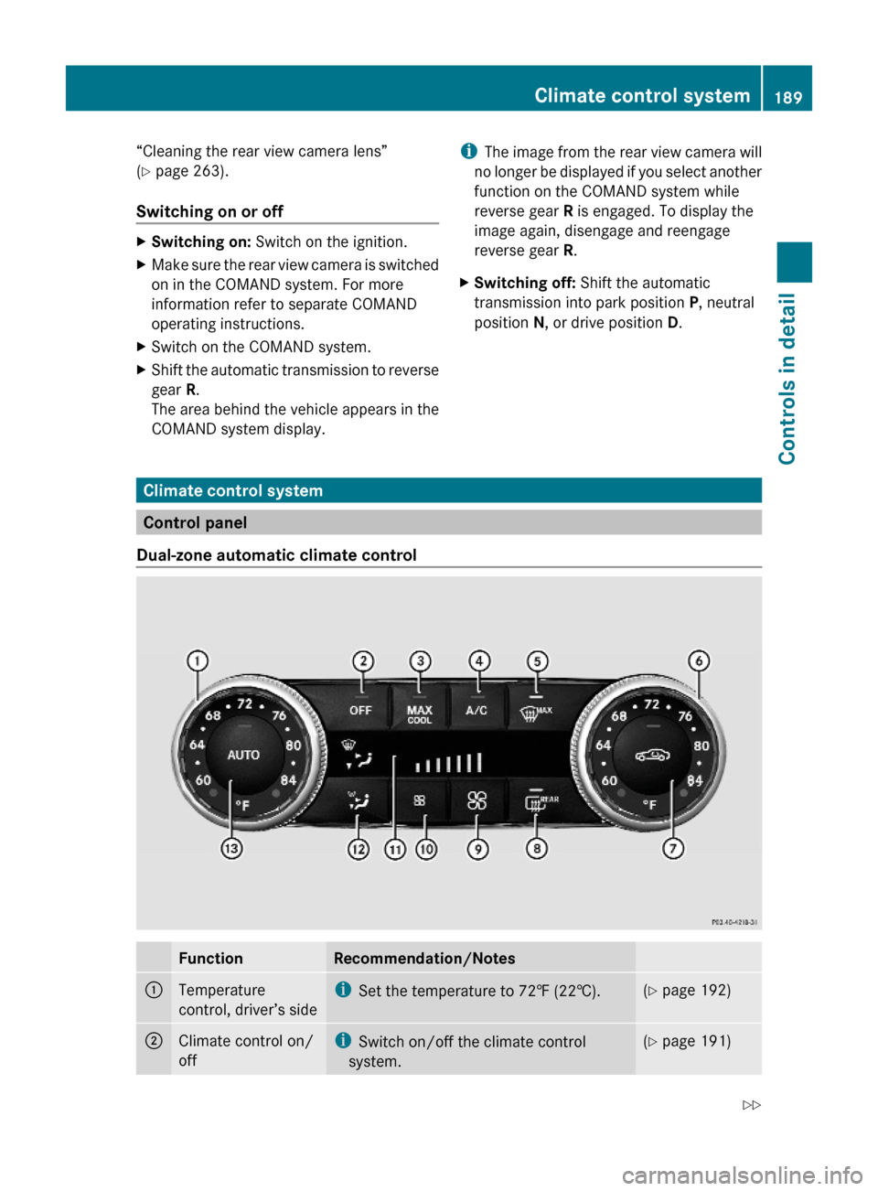 MERCEDES-BENZ C350S 2010 W204 Owners Manual “Cleaning the rear view camera lens”
(Y page 263).
Switching on or off
XSwitching on: Switch on the ignition.XMake sure the rear view camera is switched
on in the COMAND system. For more
informati MERCEDES-BENZ C350S 2010 W204 Owners Manual “Cleaning the rear view camera lens”
(Y page 263).
Switching on or off
XSwitching on: Switch on the ignition.XMake sure the rear view camera is switched
on in the COMAND system. For more
informati