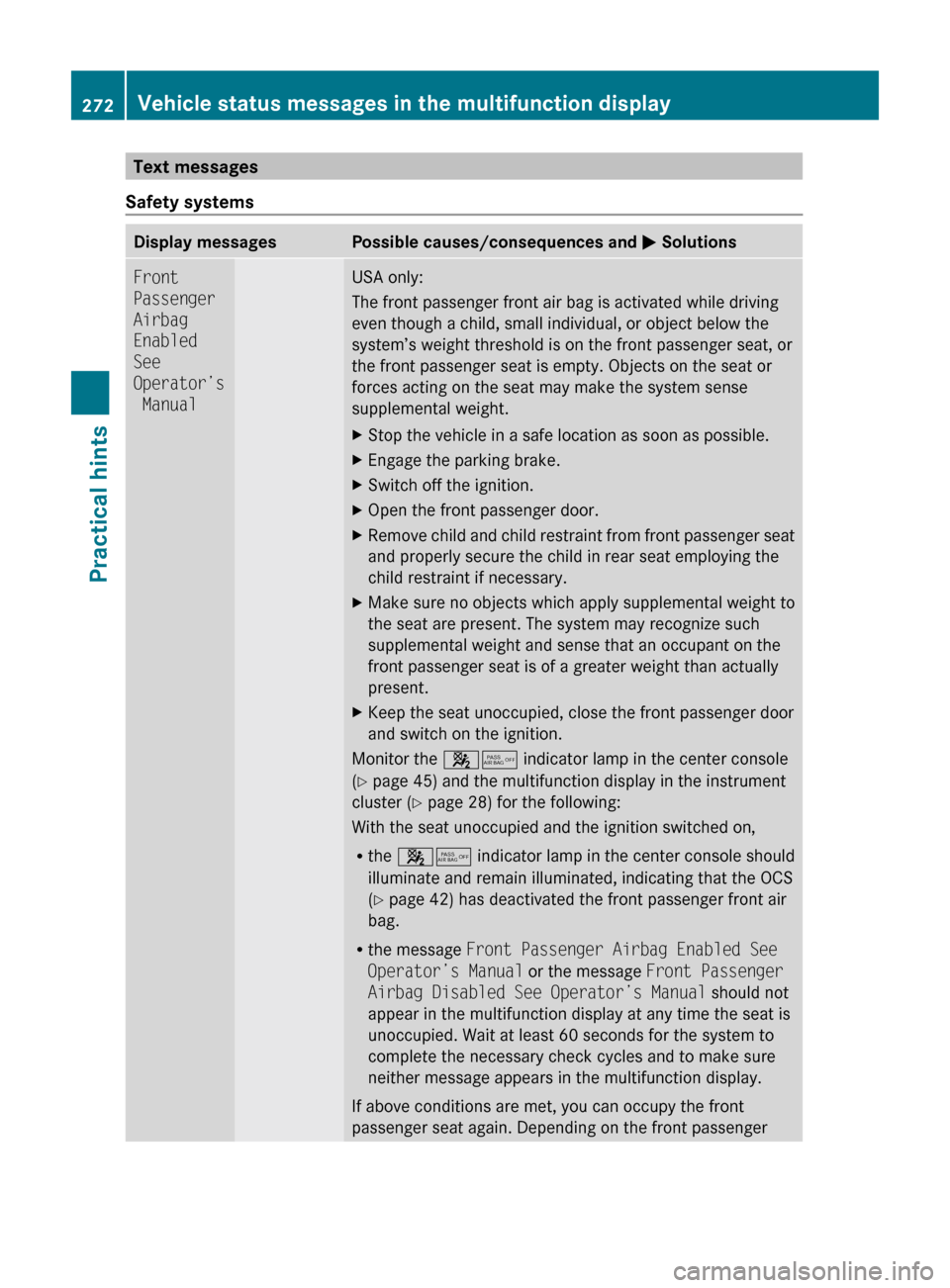 MERCEDES-BENZ C300 4MATIC 2010 W204 Owners Manual Text messages
Safety systemsDisplay messagesPossible causes/consequences and  M SolutionsFront 
Passenger 
Airbag 
Enabled 
See 
Operator’s
 ManualUSA only:
The front passenger front air bag is acti