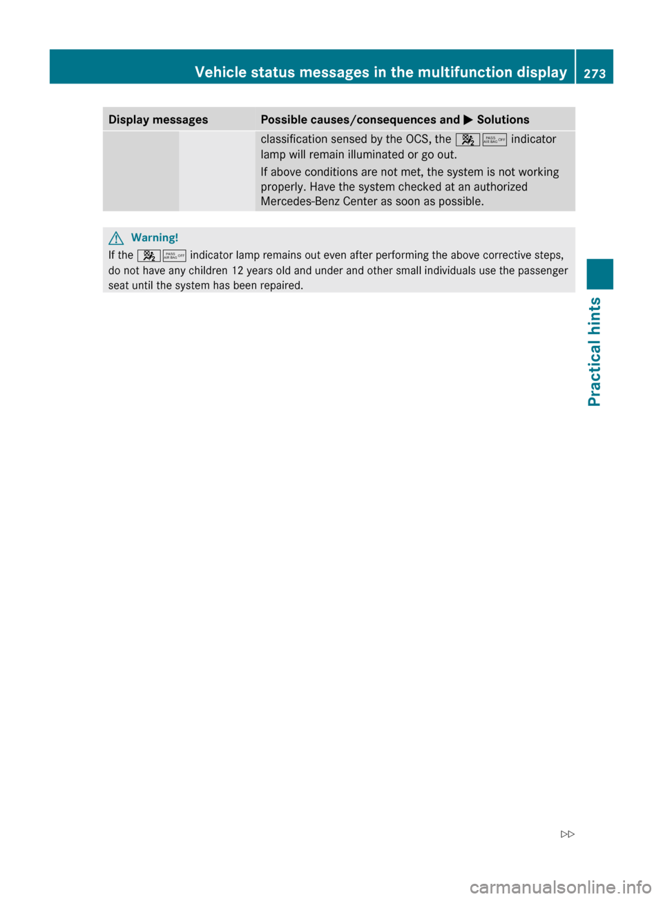 MERCEDES-BENZ C350S 2010 W204 Owners Manual Display messagesPossible causes/consequences and M Solutionsclassification sensed by the OCS, the 45 indicator
lamp will remain illuminated or go out.
If above conditions are not met, the system is n MERCEDES-BENZ C350S 2010 W204 Owners Manual Display messagesPossible causes/consequences and M Solutionsclassification sensed by the OCS, the 45 indicator
lamp will remain illuminated or go out.
If above conditions are not met, the system is n