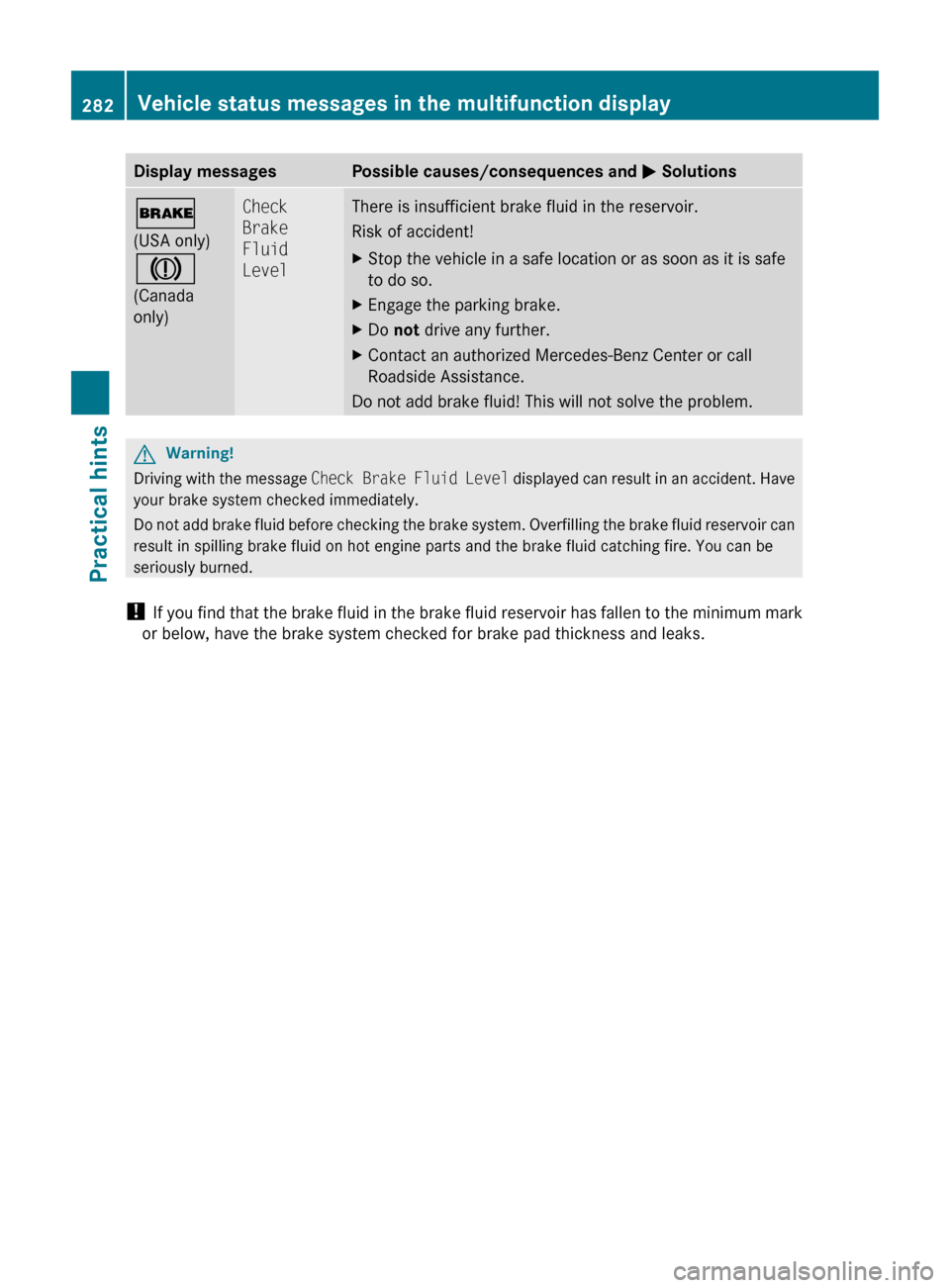 MERCEDES-BENZ C350S 2010 W204 Owners Manual Display messagesPossible causes/consequences and M Solutions$
(USA only)
J
(Canada
only)Check
Brake
Fluid
LevelThere is insufficient brake fluid in the reservoir.
Risk of accident!XStop the vehicle MERCEDES-BENZ C350S 2010 W204 Owners Manual Display messagesPossible causes/consequences and M Solutions$
(USA only)
J
(Canada
only)Check
Brake
Fluid
LevelThere is insufficient brake fluid in the reservoir.
Risk of accident!XStop the vehicle