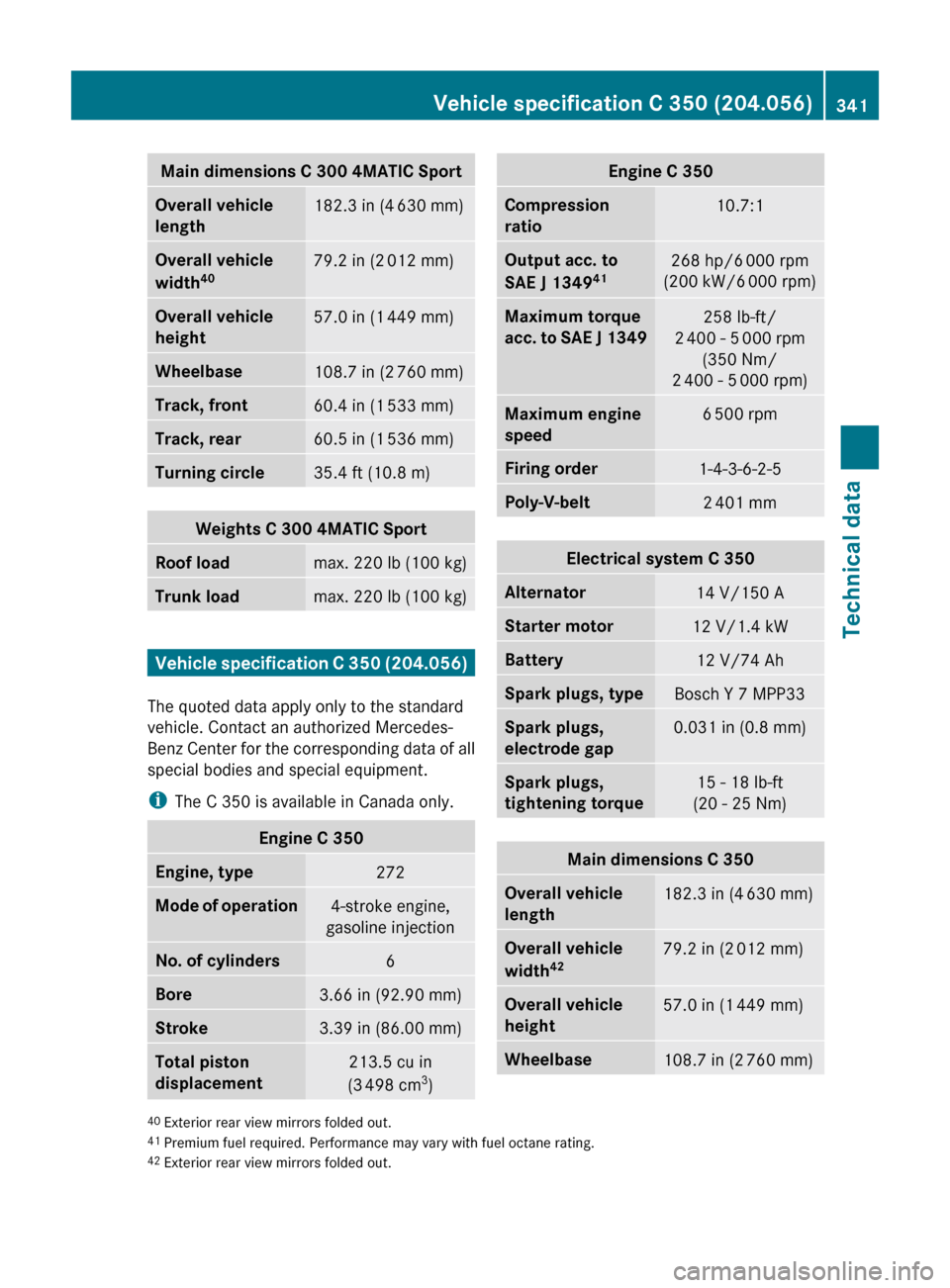 MERCEDES-BENZ C300 4MATIC 2010 W204 Service Manual Main dimensions C 300 4MATIC SportOverall vehicle 
length182.3 in (4  630 mm)Overall vehicle 
width 4079.2 in (2
 012 mm)Overall vehicle 
height57.0 in (1  449 mm)Wheelbase108.7 in (2  760 mm)Track, f