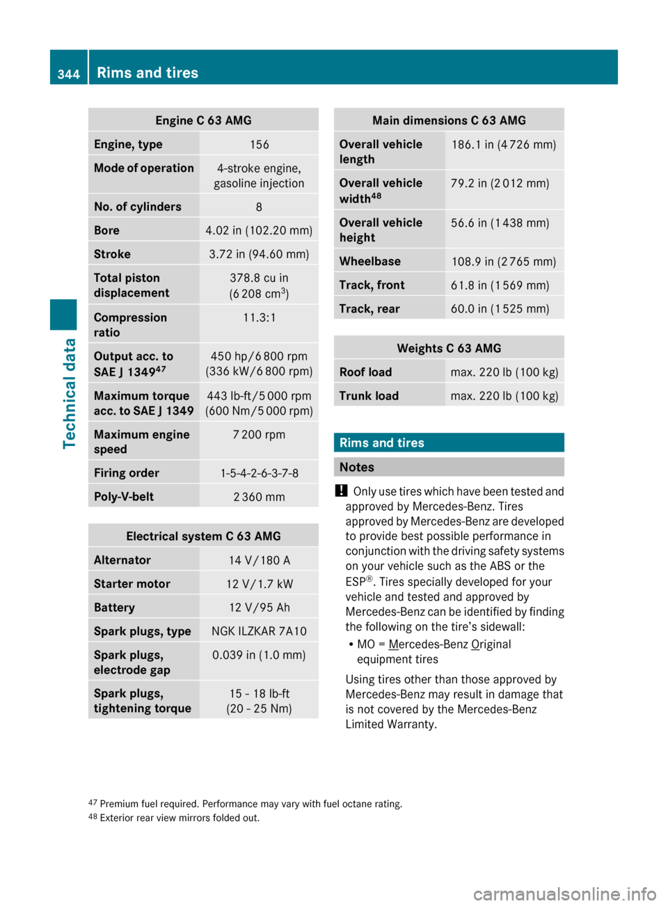 MERCEDES-BENZ C350S 2010 W204 Owners Manual Engine C 63 AMGEngine, type156Mode of operation4-stroke engine,
gasoline injectionNo. of cylinders8Bore4.02 in (102.20 mm)Stroke3.72 in (94.60 mm)Total piston
displacement378.8 cu in
(6 208 cm 3
)Co MERCEDES-BENZ C350S 2010 W204 Owners Manual Engine C 63 AMGEngine, type156Mode of operation4-stroke engine,
gasoline injectionNo. of cylinders8Bore4.02 in (102.20 mm)Stroke3.72 in (94.60 mm)Total piston
displacement378.8 cu in
(6 208 cm 3
)Co