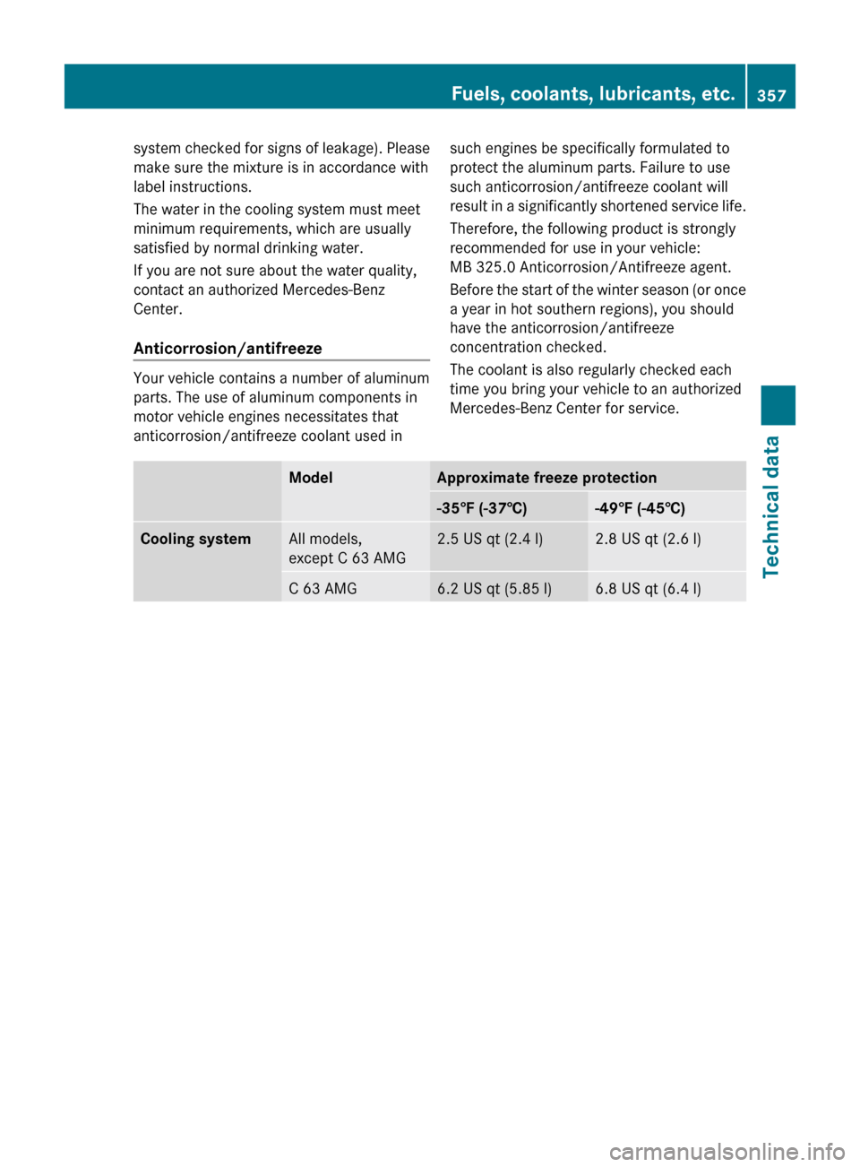 MERCEDES-BENZ C300 4MATIC 2010 W204 Owners Guide system checked for signs of leakage). Please
make sure the mixture is in accordance with
label instructions.
The water in the cooling system must meet
minimum requirements, which are usually
satisfied