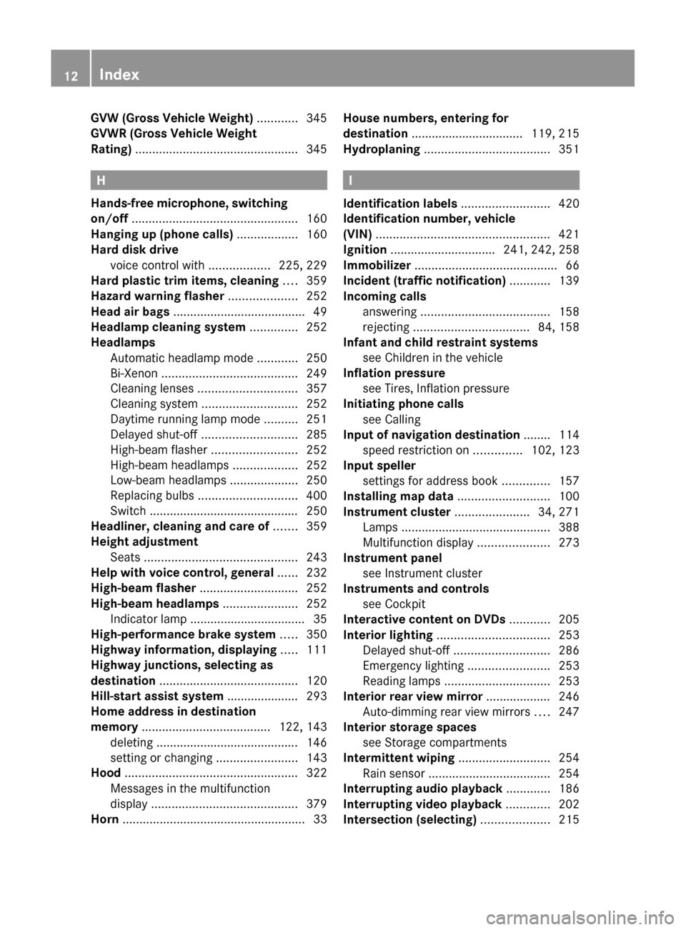 MERCEDES-BENZ SLS 2011 C197 User Guide GVW (Gross Vehicle Weight) ............ 345
GVWR (Gross Vehicle Weight
Rating) ................................................ 345
H
Hands-free microphone, switching
on/off ........................ MERCEDES-BENZ SLS 2011 C197 User Guide GVW (Gross Vehicle Weight) ............ 345
GVWR (Gross Vehicle Weight
Rating) ................................................ 345
H
Hands-free microphone, switching
on/off ........................