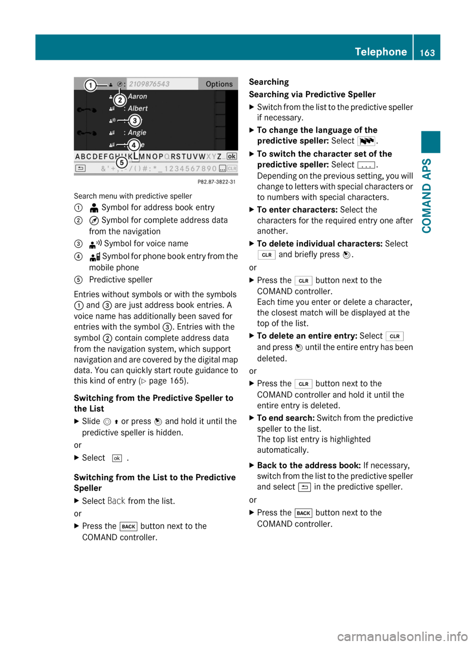 MERCEDES-BENZ SLS 2011 C197 Owners Manual Search menu with predictive speller
1 ¥ Symbol for address book entry2 ¤ Symbol for complete address data
from the navigation
3 ¦ Symbol for voice name4 å Symbol for phone book entry from the
mobi MERCEDES-BENZ SLS 2011 C197 Owners Manual Search menu with predictive speller
1 ¥ Symbol for address book entry2 ¤ Symbol for complete address data
from the navigation
3 ¦ Symbol for voice name4 å Symbol for phone book entry from the
mobi