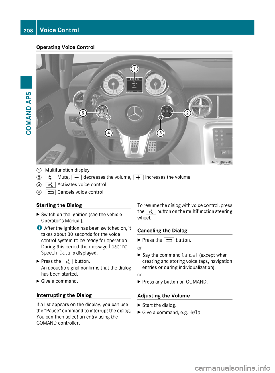 MERCEDES-BENZ SLS 2011 C197 Owners Manual Operating Voice Control1 Multifunction display2 x Mute, X decreases the volume, W increases the volume3 ? Activates voice control? % Cancels voice controlStarting the DialogXSwitch on the ignition (se MERCEDES-BENZ SLS 2011 C197 Owners Manual Operating Voice Control1 Multifunction display2 x Mute, X decreases the volume, W increases the volume3 ? Activates voice control? % Cancels voice controlStarting the DialogXSwitch on the ignition (se
