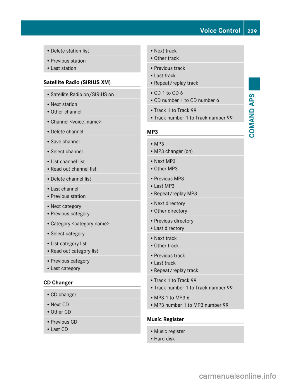 MERCEDES-BENZ SLS 2011 C197 Owners Manual RDelete station listRPrevious station
R Last station
Satellite Radio (SIRIUS XM)
RSatellite Radio on/SIRIUS onRNext station
R Other channelRChannel <voice_name>RDelete channelRSave channelRSelect chan MERCEDES-BENZ SLS 2011 C197 Owners Manual RDelete station listRPrevious station
R Last station
Satellite Radio (SIRIUS XM)
RSatellite Radio on/SIRIUS onRNext station
R Other channelRChannel <voice_name>RDelete channelRSave channelRSelect chan