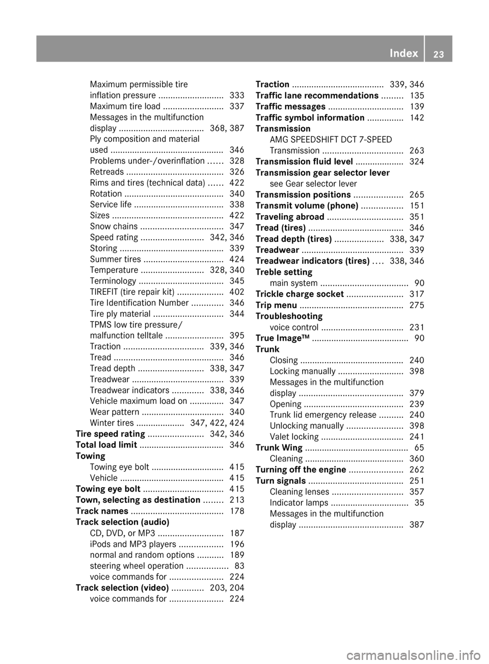 MERCEDES-BENZ SLS 2011 C197 Owners Guide Maximum permissible tire
inflation pressure  ........................... 333
Maximum tire load  .........................337
Messages in the multifunction
display  ................................... 