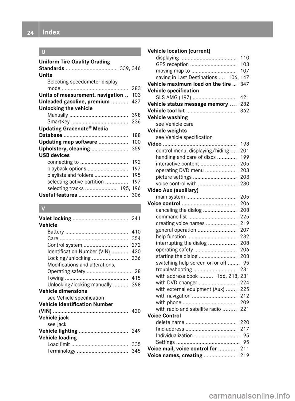 MERCEDES-BENZ SLS 2011 C197 Owners Guide U
Uniform Tire Quality Grading
Standards  .................................. 339, 346
Units Selecting speedometer display
mode  ............................................. 283
Units of measurement, 