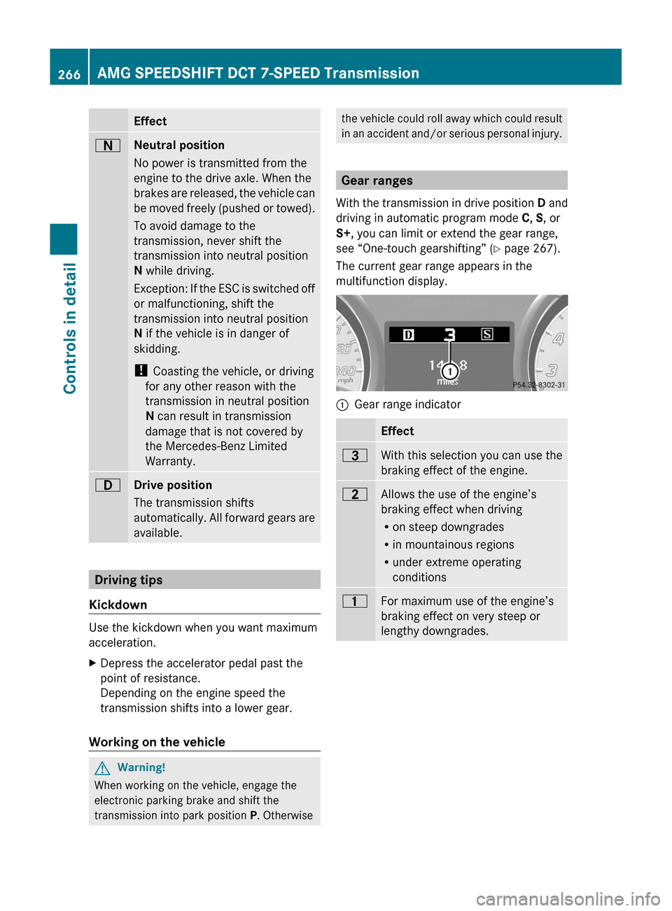 MERCEDES-BENZ SLS 2011 C197 Owners Manual EffectANeutral position
No power is transmitted from the
engine to the drive axle. When the
brakes are released, the vehicle can
be moved freely (pushed or towed).
To avoid damage to the
transmission, MERCEDES-BENZ SLS 2011 C197 Owners Manual EffectANeutral position
No power is transmitted from the
engine to the drive axle. When the
brakes are released, the vehicle can
be moved freely (pushed or towed).
To avoid damage to the
transmission,