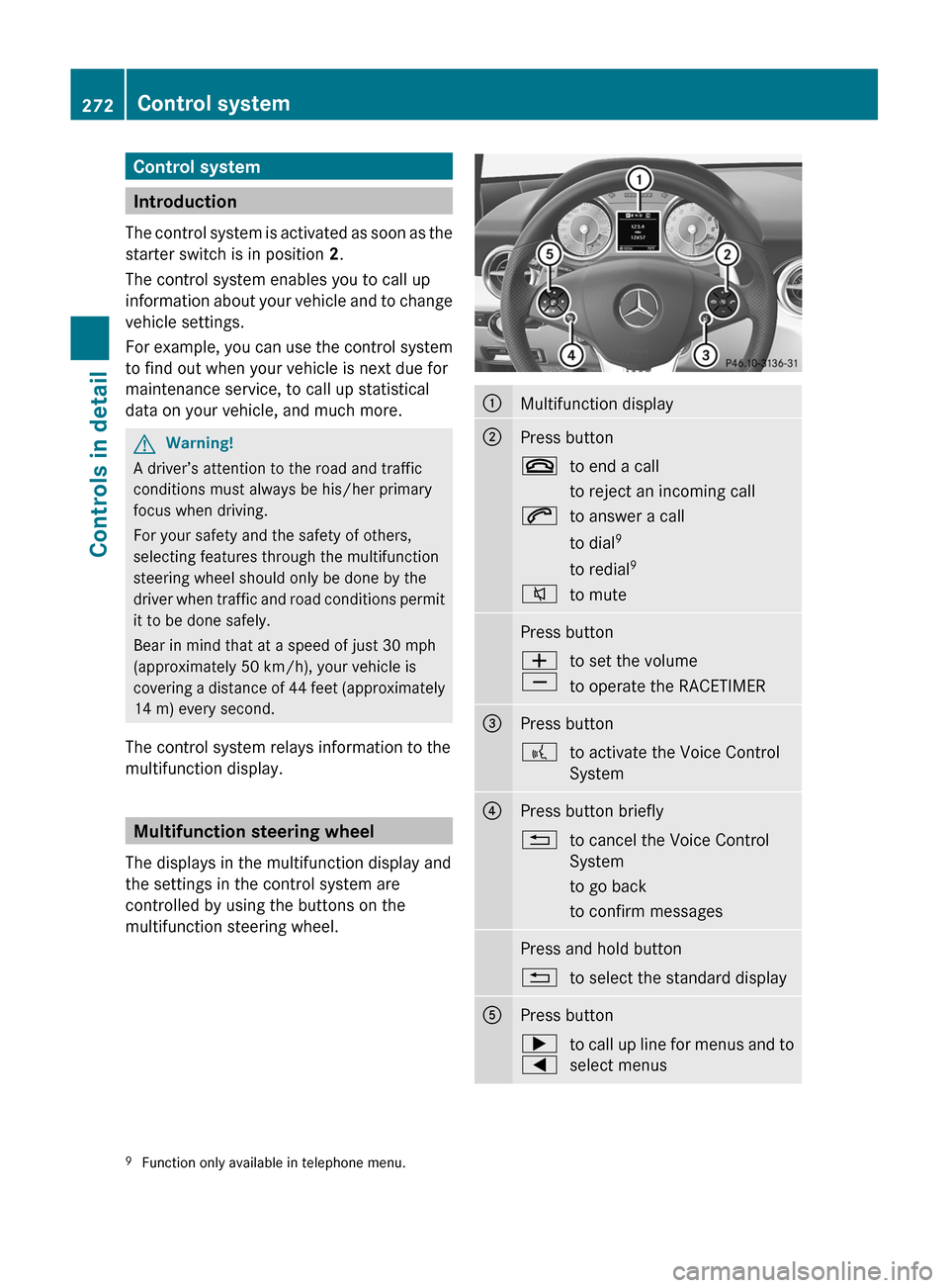 MERCEDES-BENZ SLS 2011 C197 Owners Manual Control system
Introduction
The control system is activated as soon as the
starter switch is in position 2.
The control system enables you to call up
information about your vehicle and to change
vehi MERCEDES-BENZ SLS 2011 C197 Owners Manual Control system
Introduction
The control system is activated as soon as the
starter switch is in position 2.
The control system enables you to call up
information about your vehicle and to change
vehi