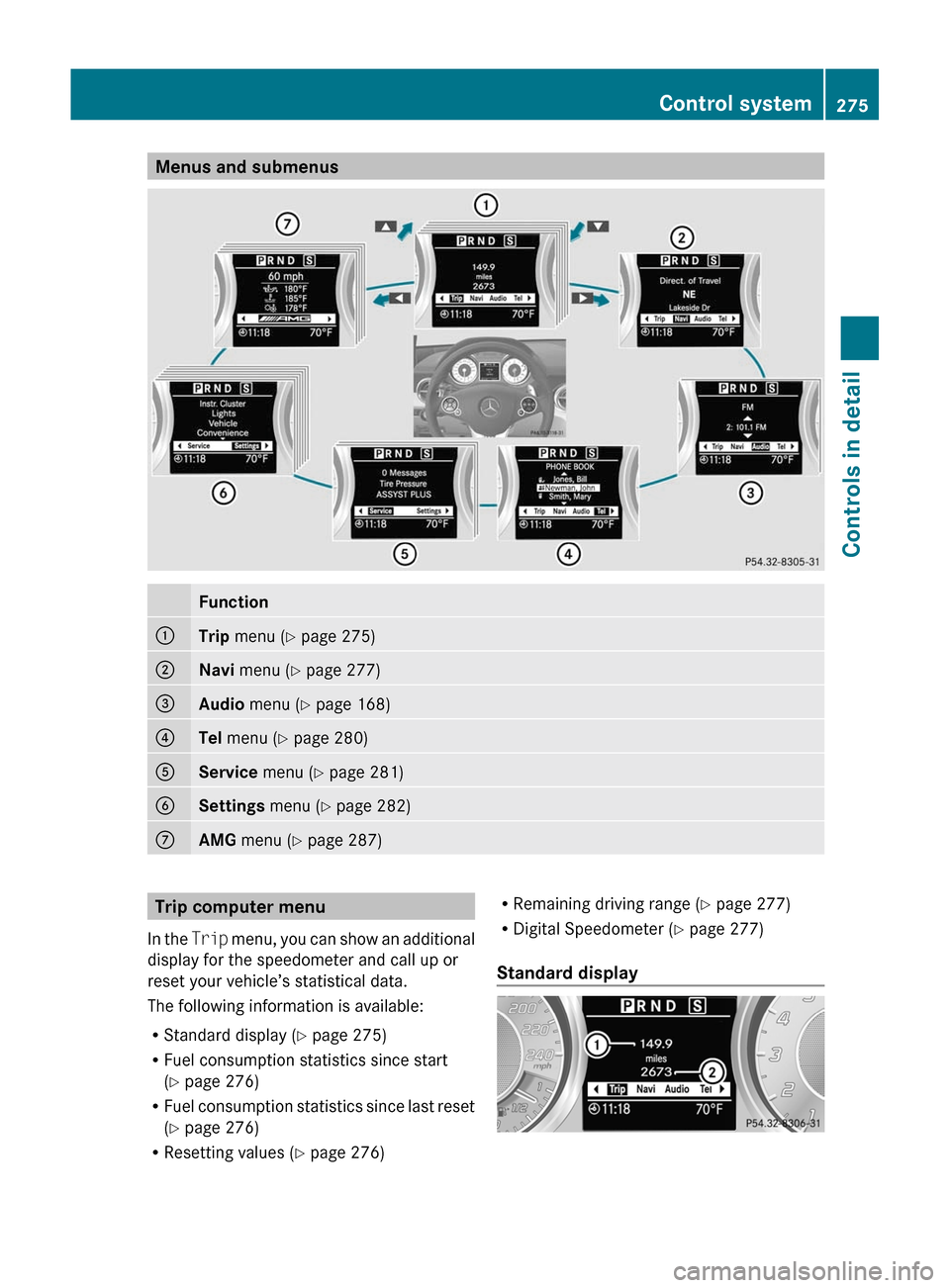 MERCEDES-BENZ SLS 2011 C197 Owners Manual Menus and submenusFunction:Trip menu ( Y page 275);Navi menu ( Y page 277)=Audio menu ( Y page 168)?Tel menu ( Y page 280)AService menu (Y page 281)BSettings menu (Y page 282)CAMG menu ( Y page MERCEDES-BENZ SLS 2011 C197 Owners Manual Menus and submenusFunction:Trip menu ( Y page 275);Navi menu ( Y page 277)=Audio menu ( Y page 168)?Tel menu ( Y page 280)AService menu (Y page 281)BSettings menu (Y page 282)CAMG menu ( Y page