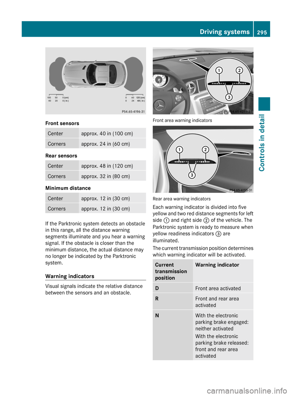 MERCEDES-BENZ SLS 2011 C197 Owners Manual Front sensors
Centerapprox. 40 in (100 cm)Cornersapprox. 24 in (60 cm)
Rear sensors
Centerapprox. 48 in (120 cm)Cornersapprox. 32 in (80 cm)
Minimum distance
Centerapprox. 12 in (30 cm)Cornersapprox MERCEDES-BENZ SLS 2011 C197 Owners Manual Front sensors
Centerapprox. 40 in (100 cm)Cornersapprox. 24 in (60 cm)
Rear sensors
Centerapprox. 48 in (120 cm)Cornersapprox. 32 in (80 cm)
Minimum distance
Centerapprox. 12 in (30 cm)Cornersapprox