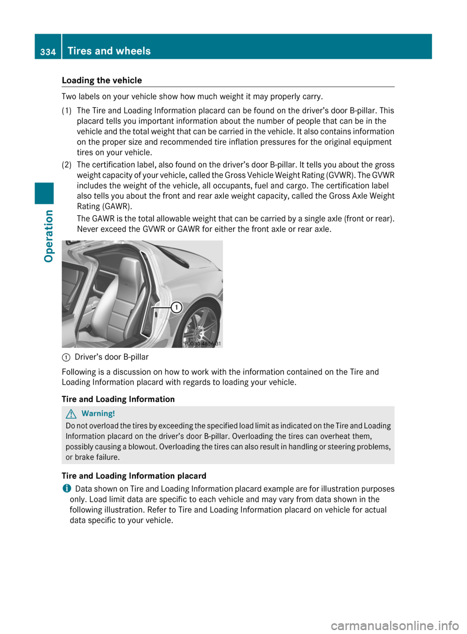 MERCEDES-BENZ SLS 2011 C197 Owners Manual Loading the vehicle
Two labels on your vehicle show how much weight it may properly carry.
(1)The Tire and Loading Information placard can be found on the driver’s door B-pillar. This
placard tells MERCEDES-BENZ SLS 2011 C197 Owners Manual Loading the vehicle
Two labels on your vehicle show how much weight it may properly carry.
(1)The Tire and Loading Information placard can be found on the driver’s door B-pillar. This
placard tells