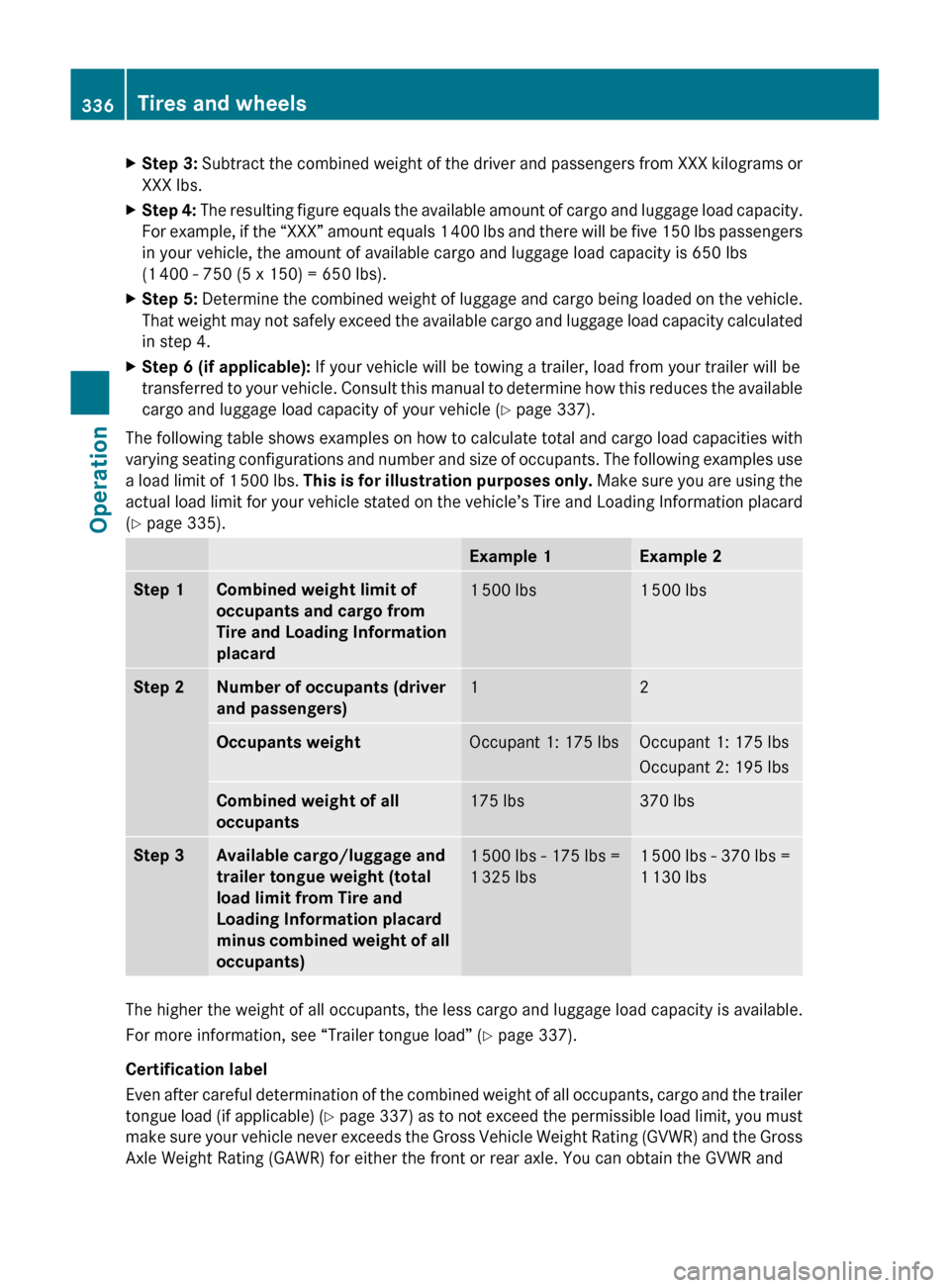 MERCEDES-BENZ SLS 2011 C197 Owners Manual XStep 3: Subtract the combined weight of the driver and passengers from XXX kilograms or
XXX lbs.XStep 4: The resulting figure equals the available amount of cargo and luggage load capacity.
For exam MERCEDES-BENZ SLS 2011 C197 Owners Manual XStep 3: Subtract the combined weight of the driver and passengers from XXX kilograms or
XXX lbs.XStep 4: The resulting figure equals the available amount of cargo and luggage load capacity.
For exam