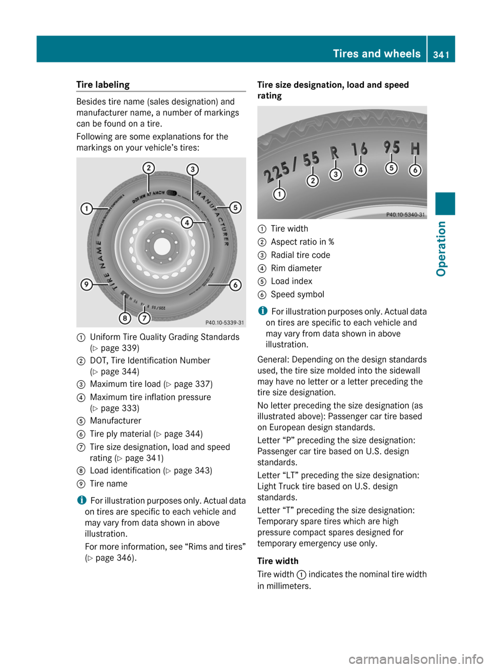 MERCEDES-BENZ SLS 2011 C197 Owners Manual Tire labeling
Besides tire name (sales designation) and
manufacturer name, a number of markings
can be found on a tire.
Following are some explanations for the
markings on your vehicle’s tires:
:Uni MERCEDES-BENZ SLS 2011 C197 Owners Manual Tire labeling
Besides tire name (sales designation) and
manufacturer name, a number of markings
can be found on a tire.
Following are some explanations for the
markings on your vehicle’s tires:
:Uni