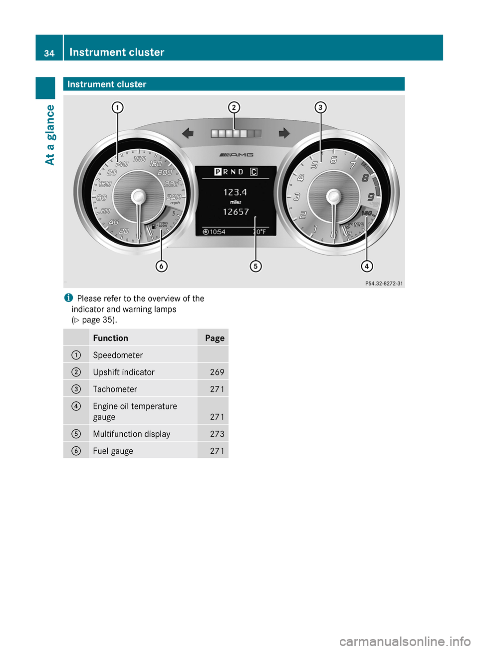 MERCEDES-BENZ SLS 2011 C197 Owners Guide Instrument clusteriPlease refer to the overview of the
indicator and warning lamps
( Y  page 35).FunctionPage:Speedometer;Upshift indicator269=Tachometer271?Engine oil temperature
gauge
271
AMultifunc
