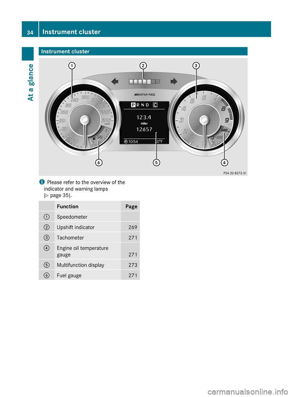 MERCEDES-BENZ SLS 2011 C197 Owners Guide Instrument clusteriPlease refer to the overview of the
indicator and warning lamps
( Y page 35).FunctionPage:Speedometer;Upshift indicator269=Tachometer271?Engine oil temperature
gauge
271
AMultifunc MERCEDES-BENZ SLS 2011 C197 Owners Guide Instrument clusteriPlease refer to the overview of the
indicator and warning lamps
( Y page 35).FunctionPage:Speedometer;Upshift indicator269=Tachometer271?Engine oil temperature
gauge
271
AMultifunc