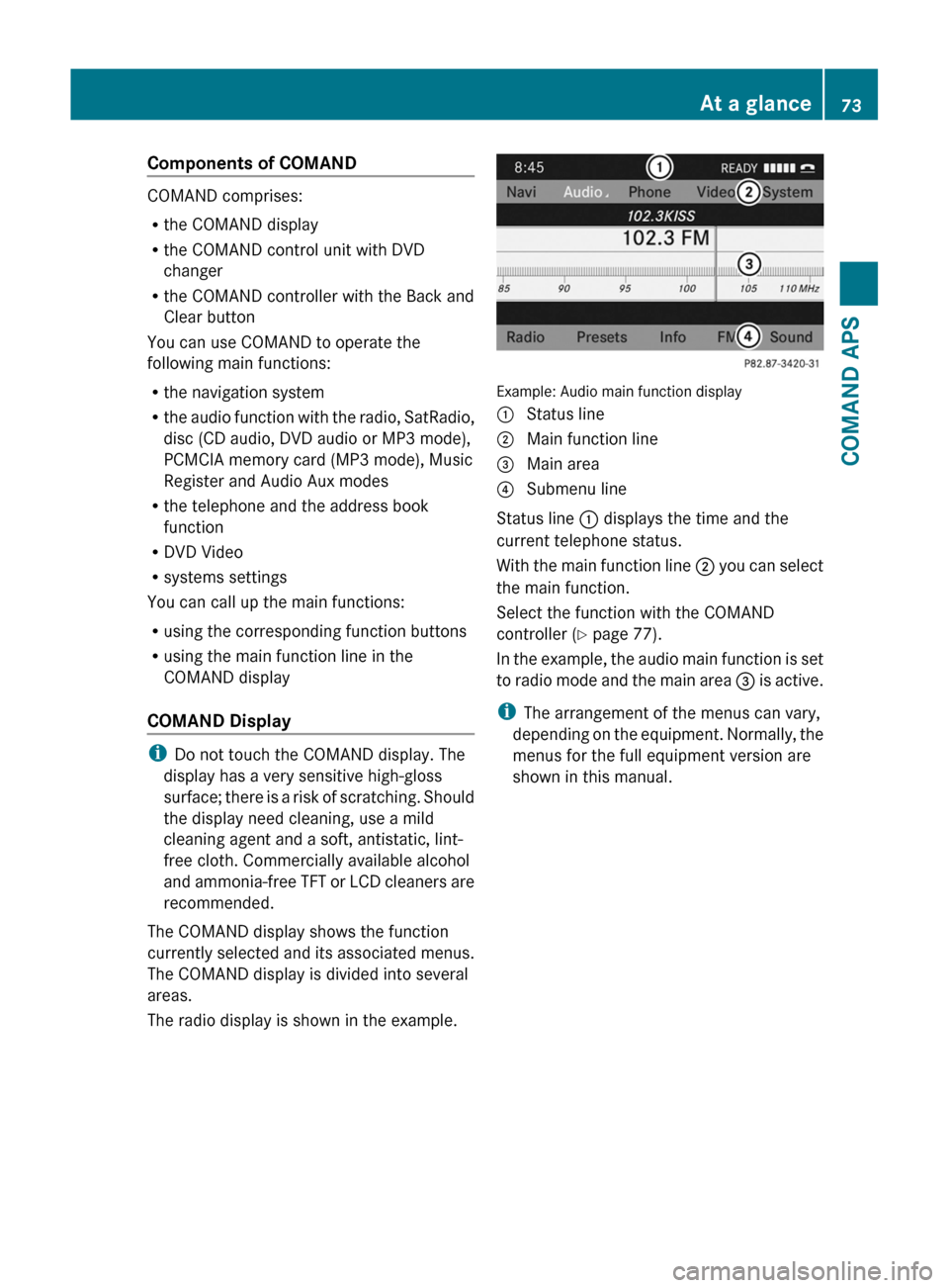MERCEDES-BENZ SLS 2011 C197 Manual PDF Components of COMAND
COMAND comprises:
Rthe COMAND display
Rthe COMAND control unit with DVD
changer
Rthe COMAND controller with the Back and
Clear button
You can use COMAND to operate the
following m MERCEDES-BENZ SLS 2011 C197 Manual PDF Components of COMAND
COMAND comprises:
Rthe COMAND display
Rthe COMAND control unit with DVD
changer
Rthe COMAND controller with the Back and
Clear button
You can use COMAND to operate the
following m