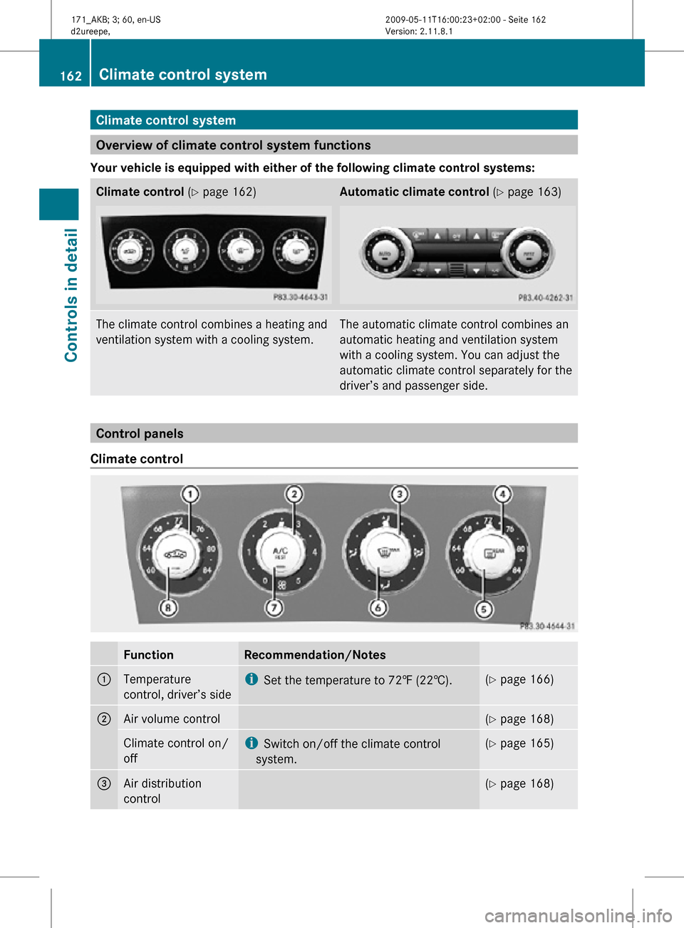 MERCEDES-BENZ SLK300 2011 R170 Owners Manual Climate control system
Overview of climate control system functions
Your vehicle is equipped with either of the following climate control systems: Climate control
 (Y page 162) Automatic climate contr