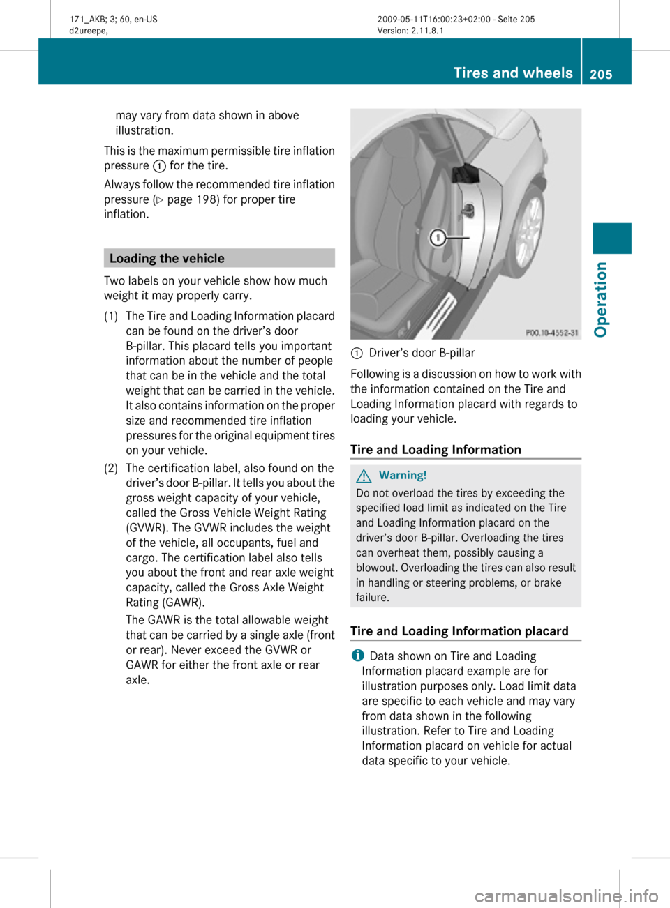 MERCEDES-BENZ SLK500 2011 R170 Owners Manual may vary from data shown in above
illustration.
This is the maximum permissible tire inflation
pressure  : for the tire.
Always follow the recommended tire inflation
pressure ( Y page 198) for proper 