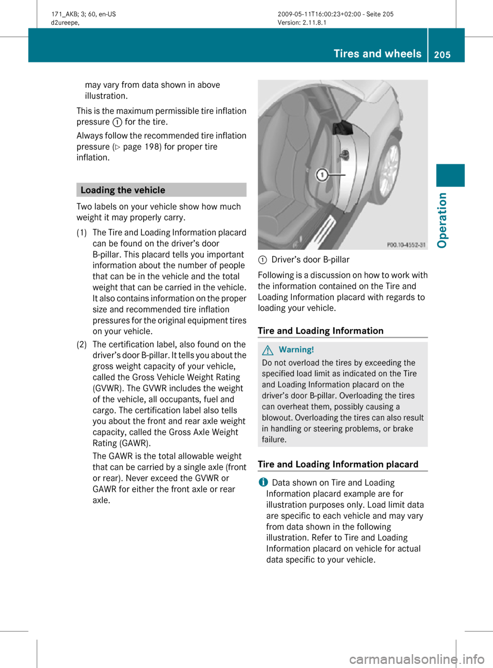 MERCEDES-BENZ SLK55AMG 2011 R170 Owners Manual may vary from data shown in above
illustration.
This is the maximum permissible tire inflation
pressure : for the tire.
Always follow the recommended tire inflation
pressure ( Y page 198) for proper MERCEDES-BENZ SLK55AMG 2011 R170 Owners Manual may vary from data shown in above
illustration.
This is the maximum permissible tire inflation
pressure : for the tire.
Always follow the recommended tire inflation
pressure ( Y page 198) for proper