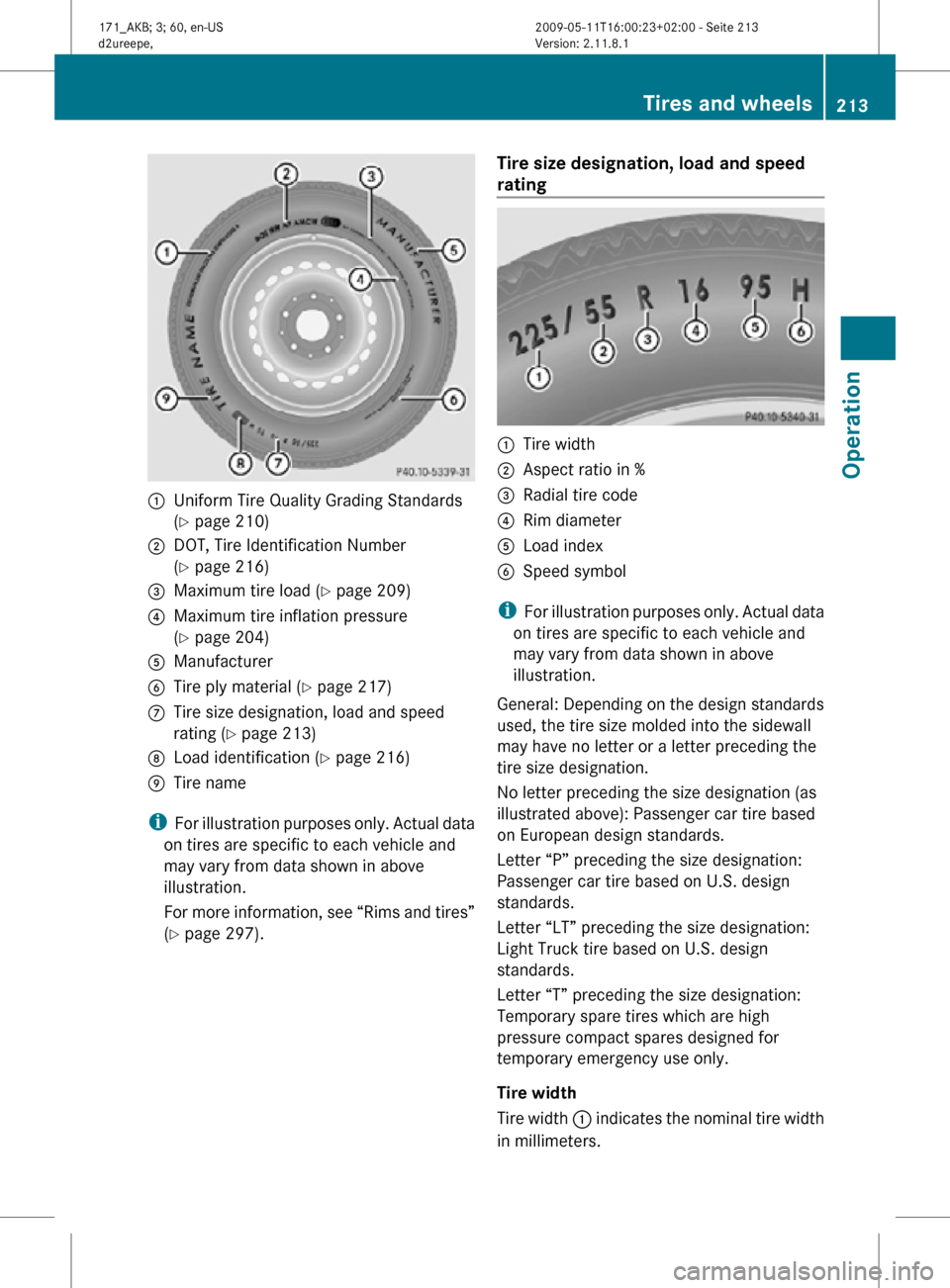 MERCEDES-BENZ SLK55AMG 2011 R170 Owners Manual :
Uniform Tire Quality Grading Standards
(Y page 210)
; DOT, Tire Identification Number
(Y page 216)
= Maximum tire load ( Y page 209)
? Maximum tire inflation pressure
(Y page 204)
A Manufacturer
B T MERCEDES-BENZ SLK55AMG 2011 R170 Owners Manual :
Uniform Tire Quality Grading Standards
(Y page 210)
; DOT, Tire Identification Number
(Y page 216)
= Maximum tire load ( Y page 209)
? Maximum tire inflation pressure
(Y page 204)
A Manufacturer
B T