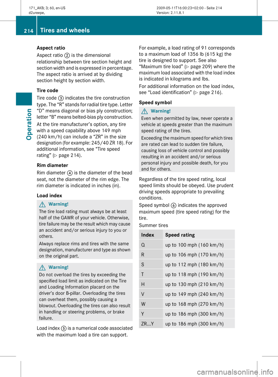 MERCEDES-BENZ SLK55AMG 2011 R170 Owners Manual Aspect ratio
Aspect ratio
; is the dimensional
relationship between tire section height and
section
width and is expressed in percentage.
The aspect ratio is arrived at by dividing
section height by MERCEDES-BENZ SLK55AMG 2011 R170 Owners Manual Aspect ratio
Aspect ratio
; is the dimensional
relationship between tire section height and
section
width and is expressed in percentage.
The aspect ratio is arrived at by dividing
section height by