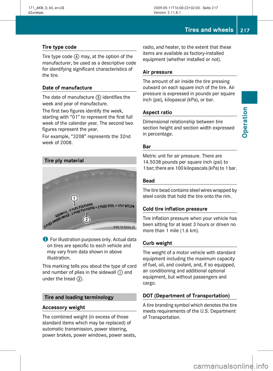 MERCEDES-BENZ SLK55AMG 2011 R170 Owners Manual Tire type code
Tire type code
? may, at the option of the
manufacturer, be used as a descriptive code
for identifying significant characteristics of
the tire.
Date of manufacture The date of manufact MERCEDES-BENZ SLK55AMG 2011 R170 Owners Manual Tire type code
Tire type code
? may, at the option of the
manufacturer, be used as a descriptive code
for identifying significant characteristics of
the tire.
Date of manufacture The date of manufact