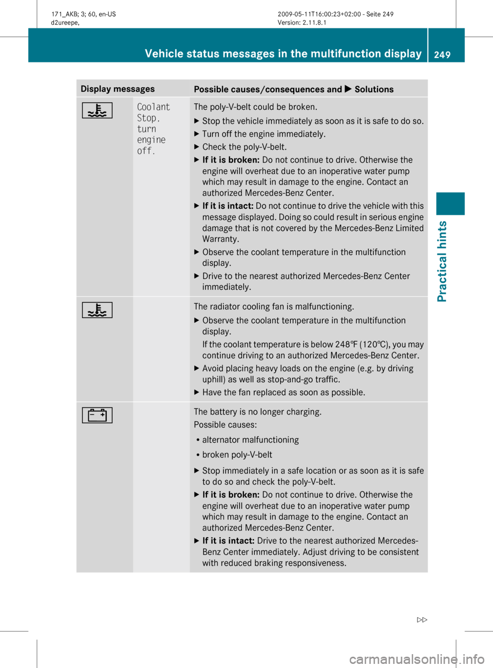 MERCEDES-BENZ SLK55AMG 2011 R170 Owners Manual Display messages
Possible causes/consequences and
X Solutions? Coolant
Stop,
turn
engine
off. The poly-V-belt could be broken.
X
Stop the vehicle immediately as soon as it is safe to do so.
X Tur MERCEDES-BENZ SLK55AMG 2011 R170 Owners Manual Display messages
Possible causes/consequences and
X Solutions? Coolant
Stop,
turn
engine
off. The poly-V-belt could be broken.
X
Stop the vehicle immediately as soon as it is safe to do so.
X Tur