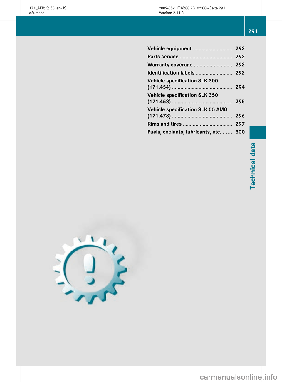 MERCEDES-BENZ SLK55AMG 2011 R170 Owners Manual Vehicle equipment ............................
292
Parts service ..................................... 292
Warranty coverage  ...........................292
Identification labels  ....................